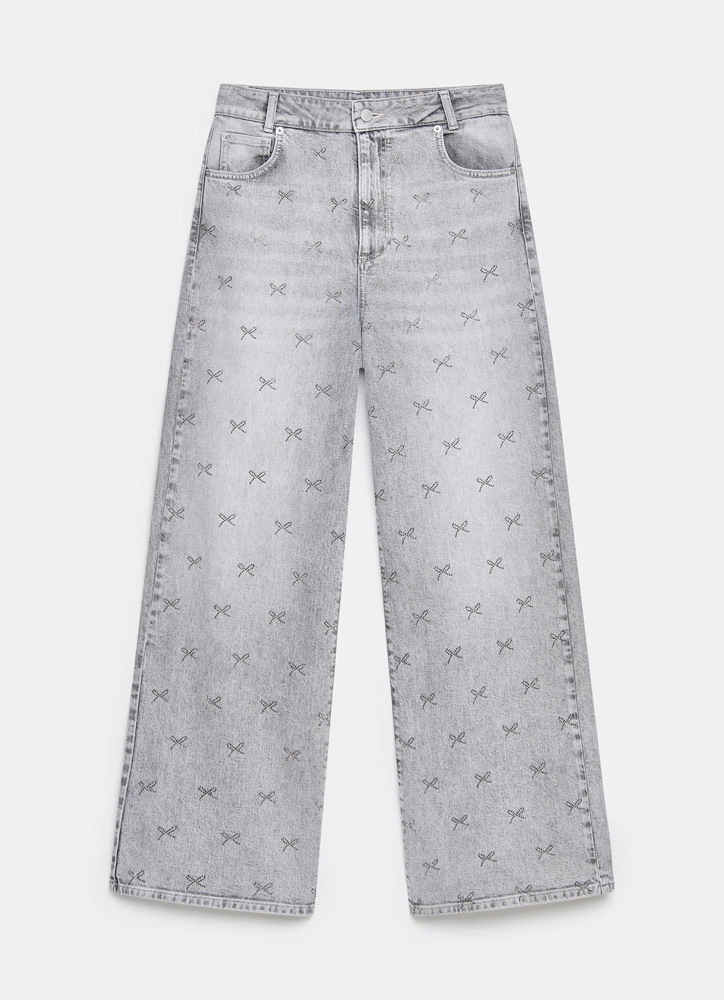 Grey Bow Embellished Wide Jeans