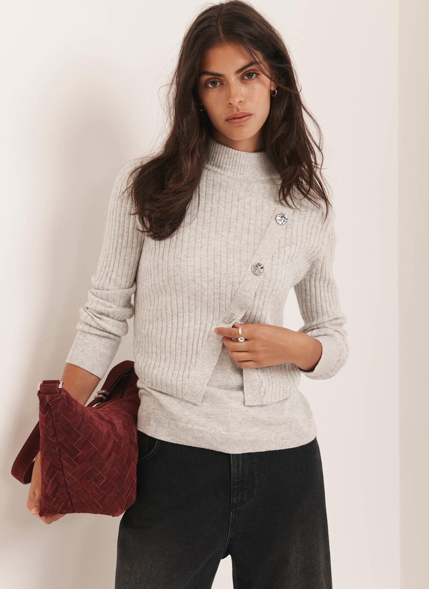 Grey Cotton Blend Ribbed Jumper