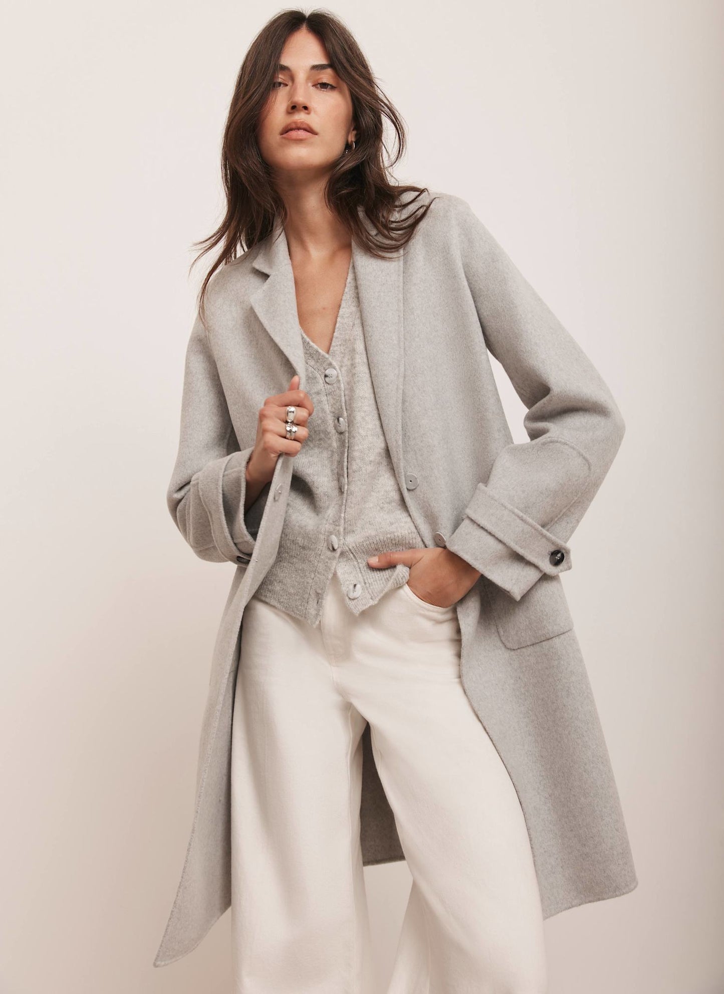 Grey Wool Blend Hand Finished Midi Coat
