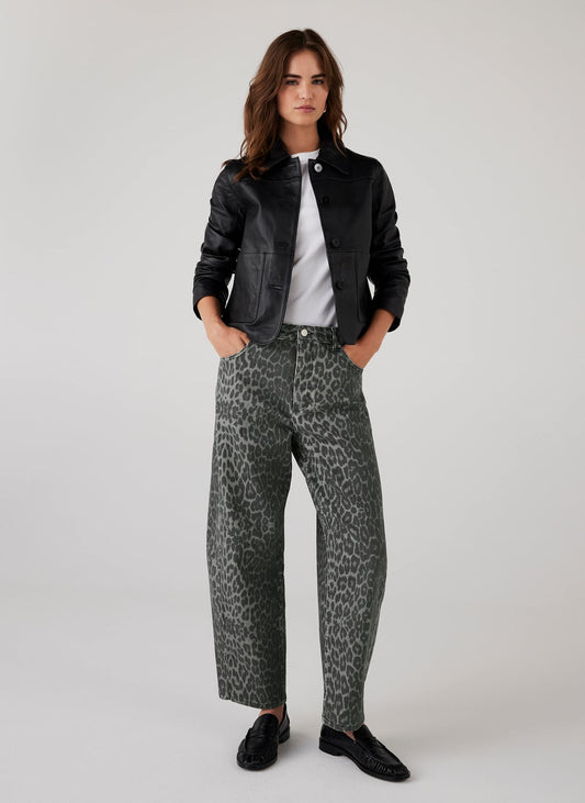 Grey Leopard Print Barrel Leg Jeans