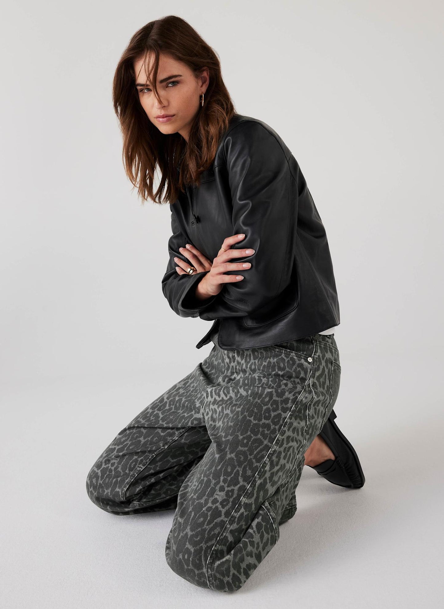 Grey Leopard Print Barrel Leg Jeans