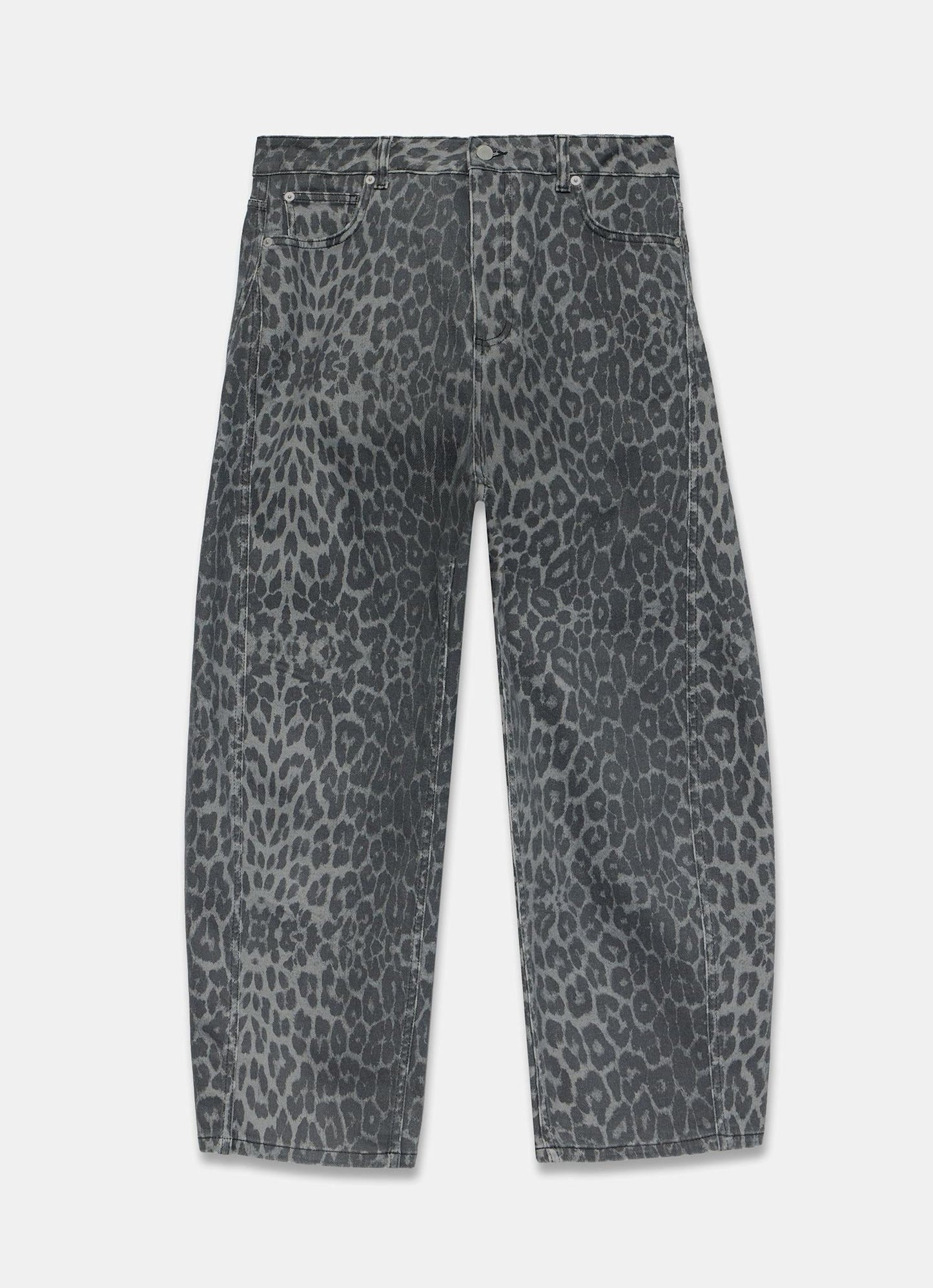Grey Leopard Print Barrel Leg Jeans