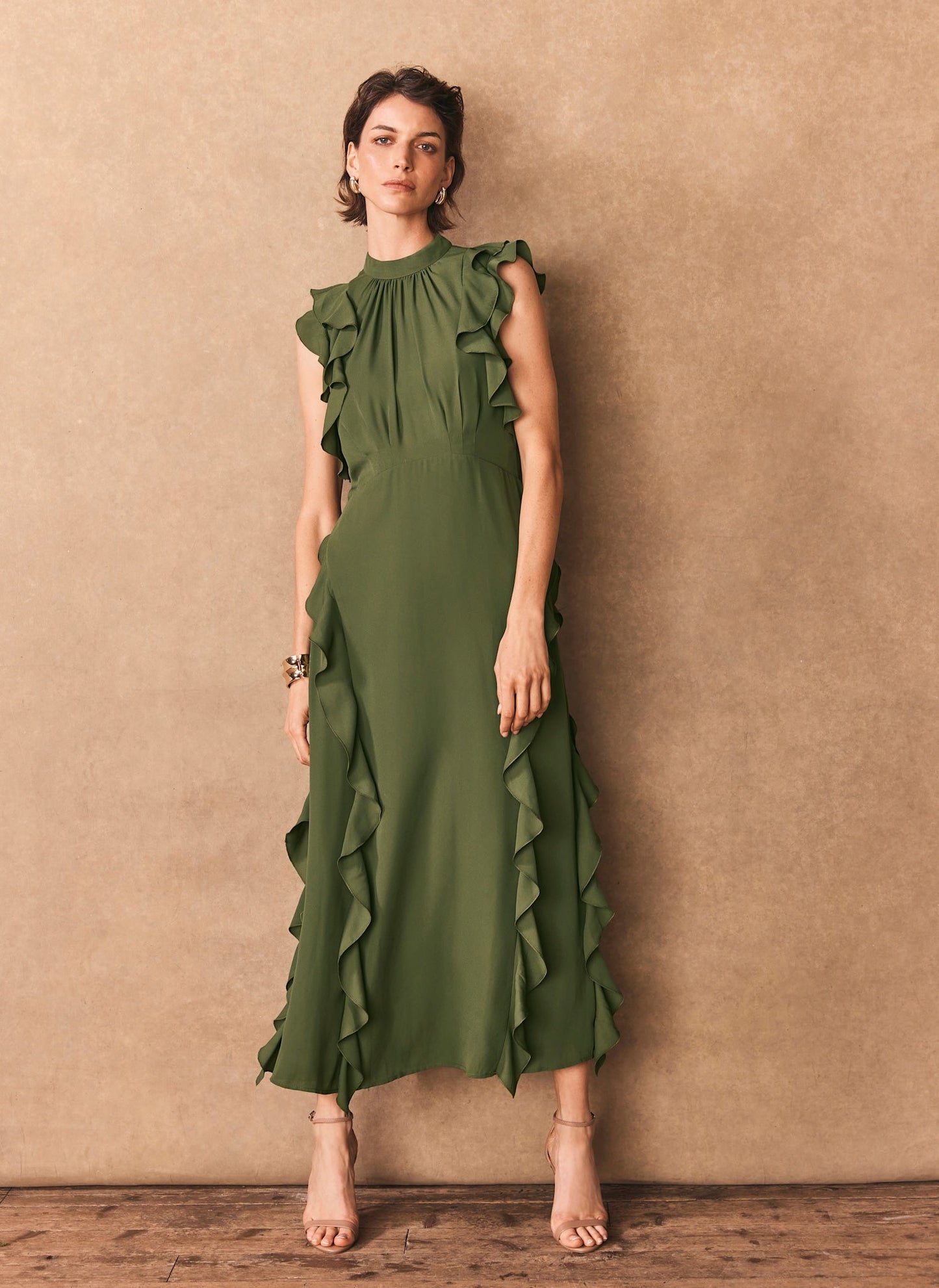 Green High Neck Ruffle Maxi Dress