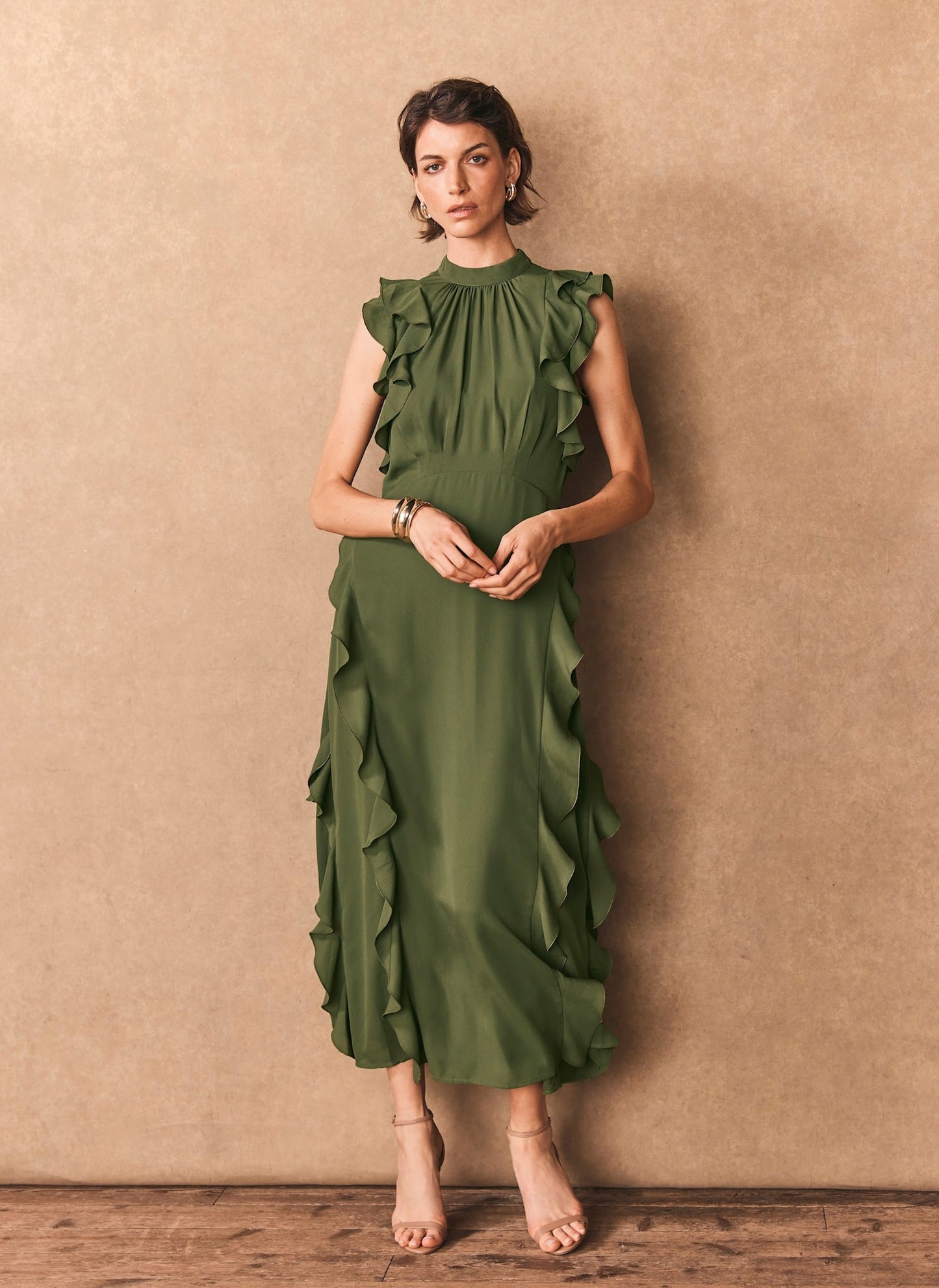 Green High Neck Ruffle Maxi Dress
