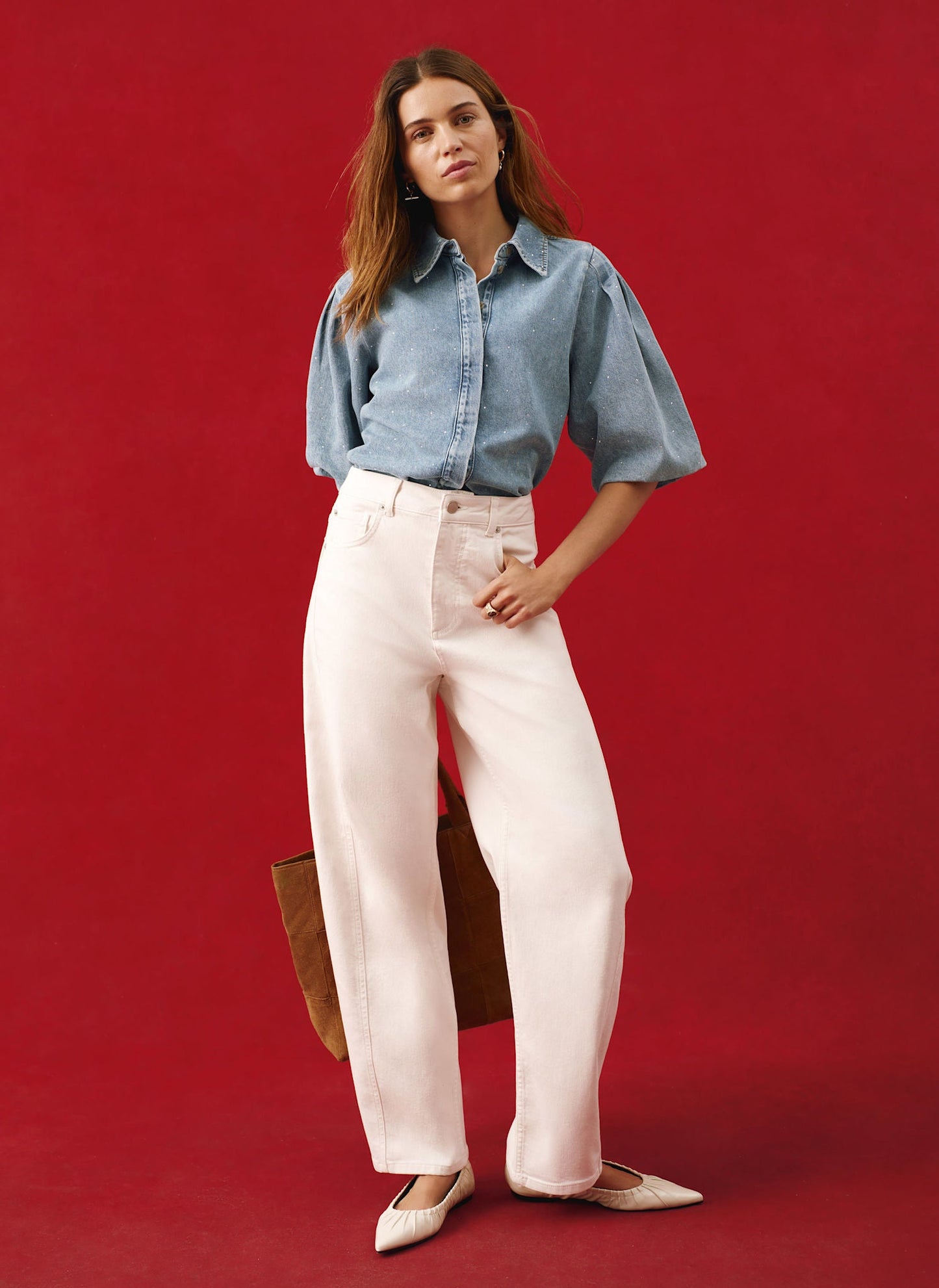 Indigo Denim Embellished Puff Sleeve Shirt