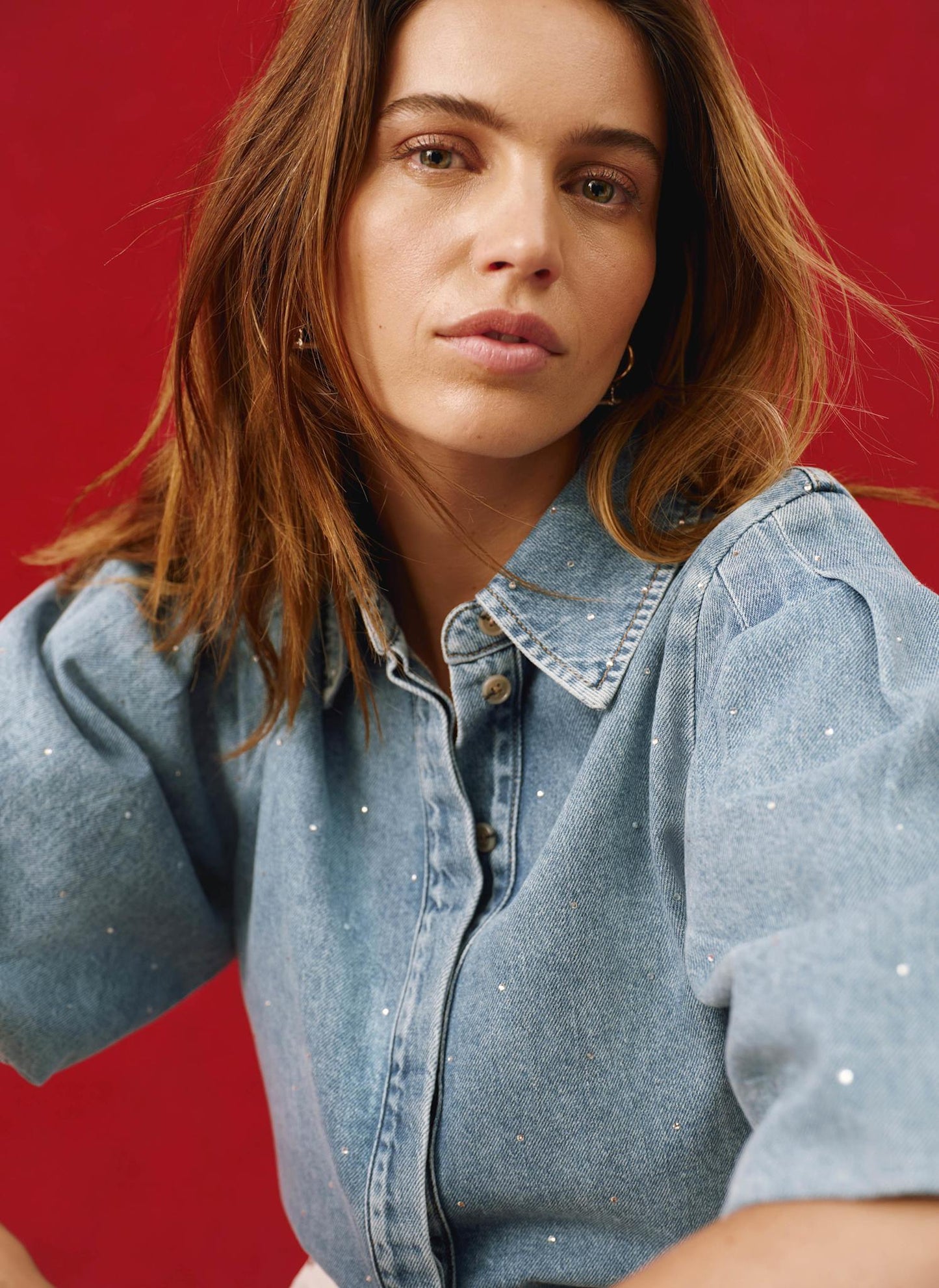 Indigo Denim Embellished Puff Sleeve Shirt