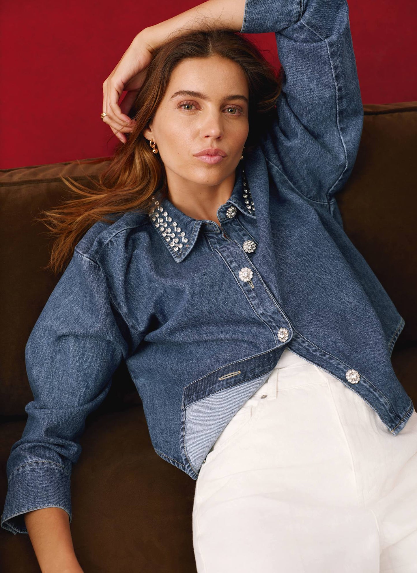 Indigo Denim Embellished Collar Shirt