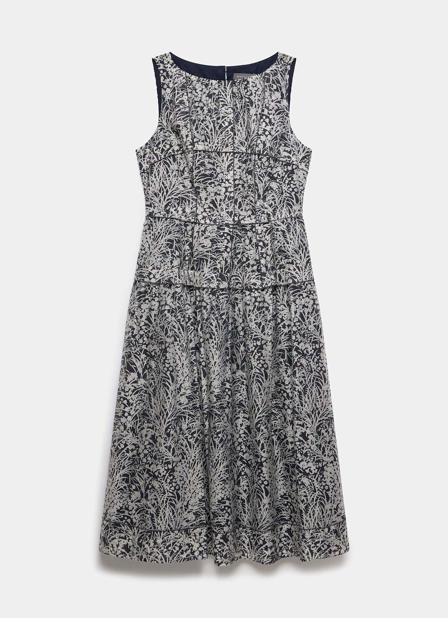 Navy Floral Print Drop Waist Midi Dress