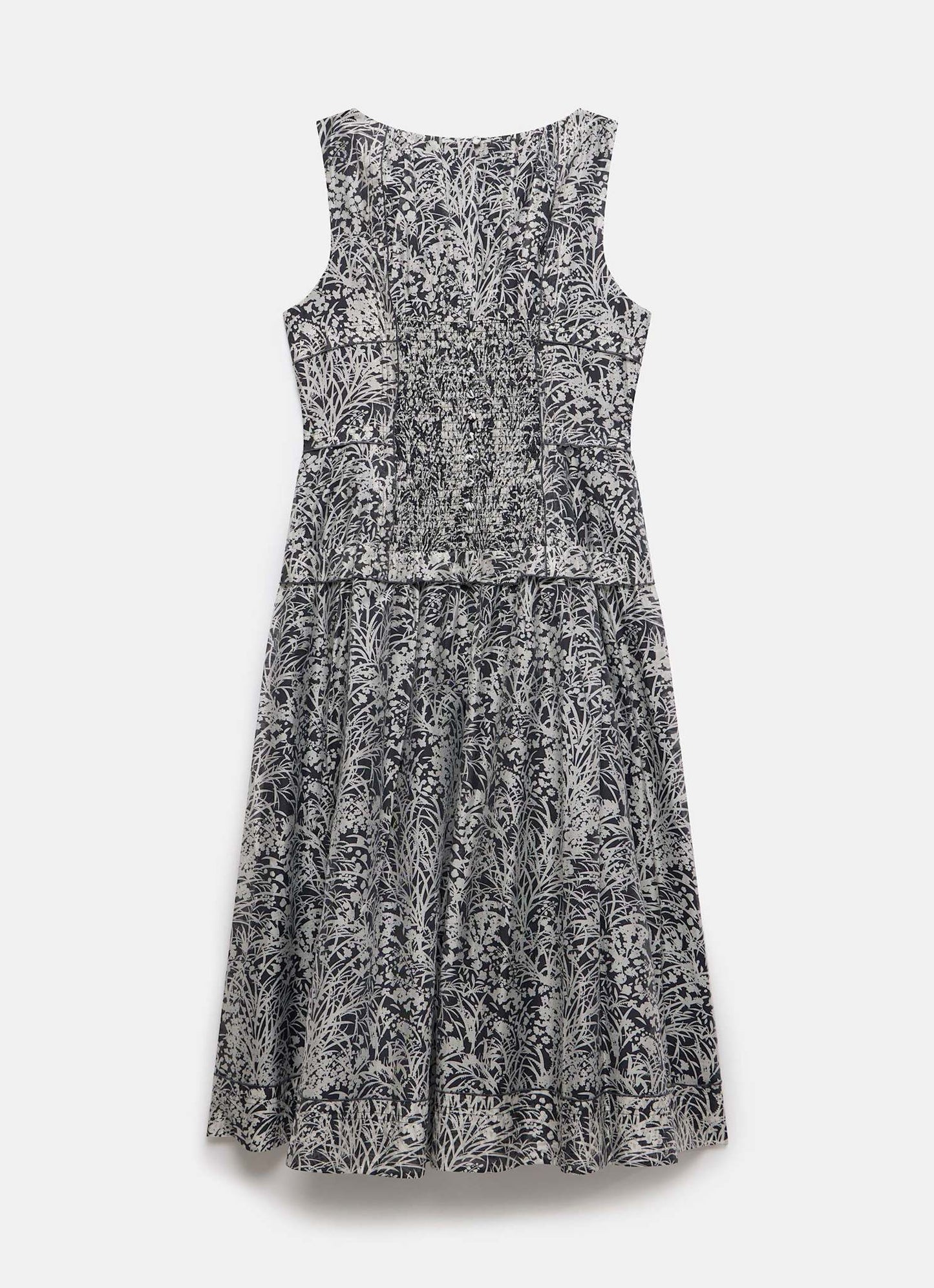 Navy Floral Print Drop Waist Midi Dress