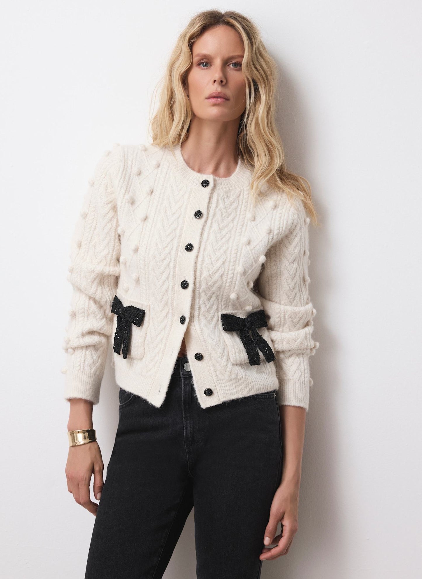 Cream Bow Detail Wool Blend Cardigan