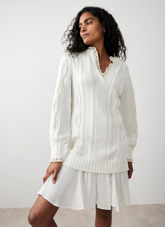 White Cable Knit Gathered Hem Mini Dress