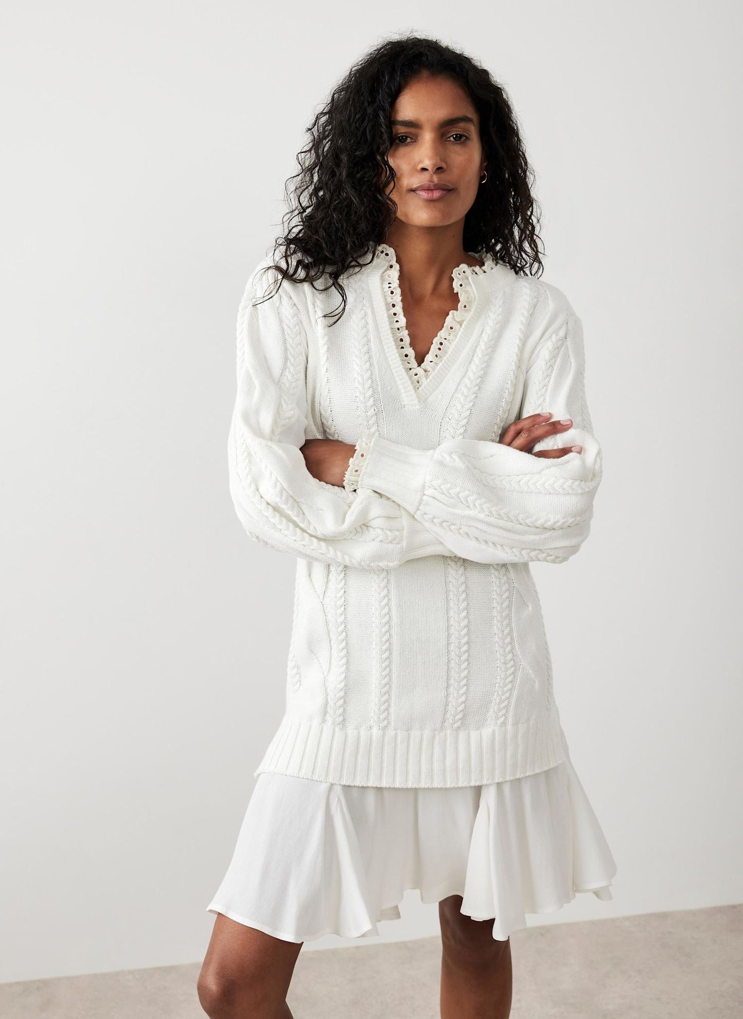 White Cable Knit Gathered Hem Mini Dress