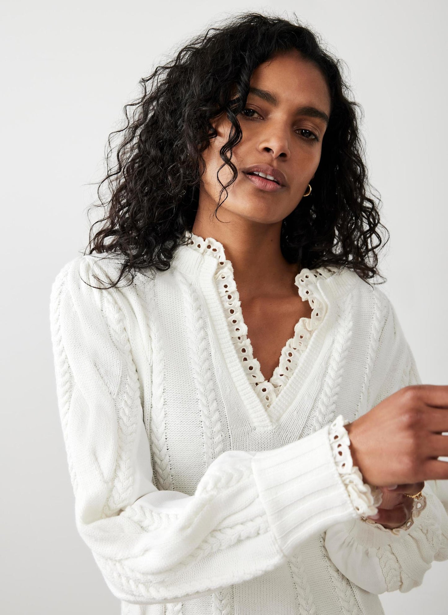 White Cable Knit Gathered Hem Mini Dress