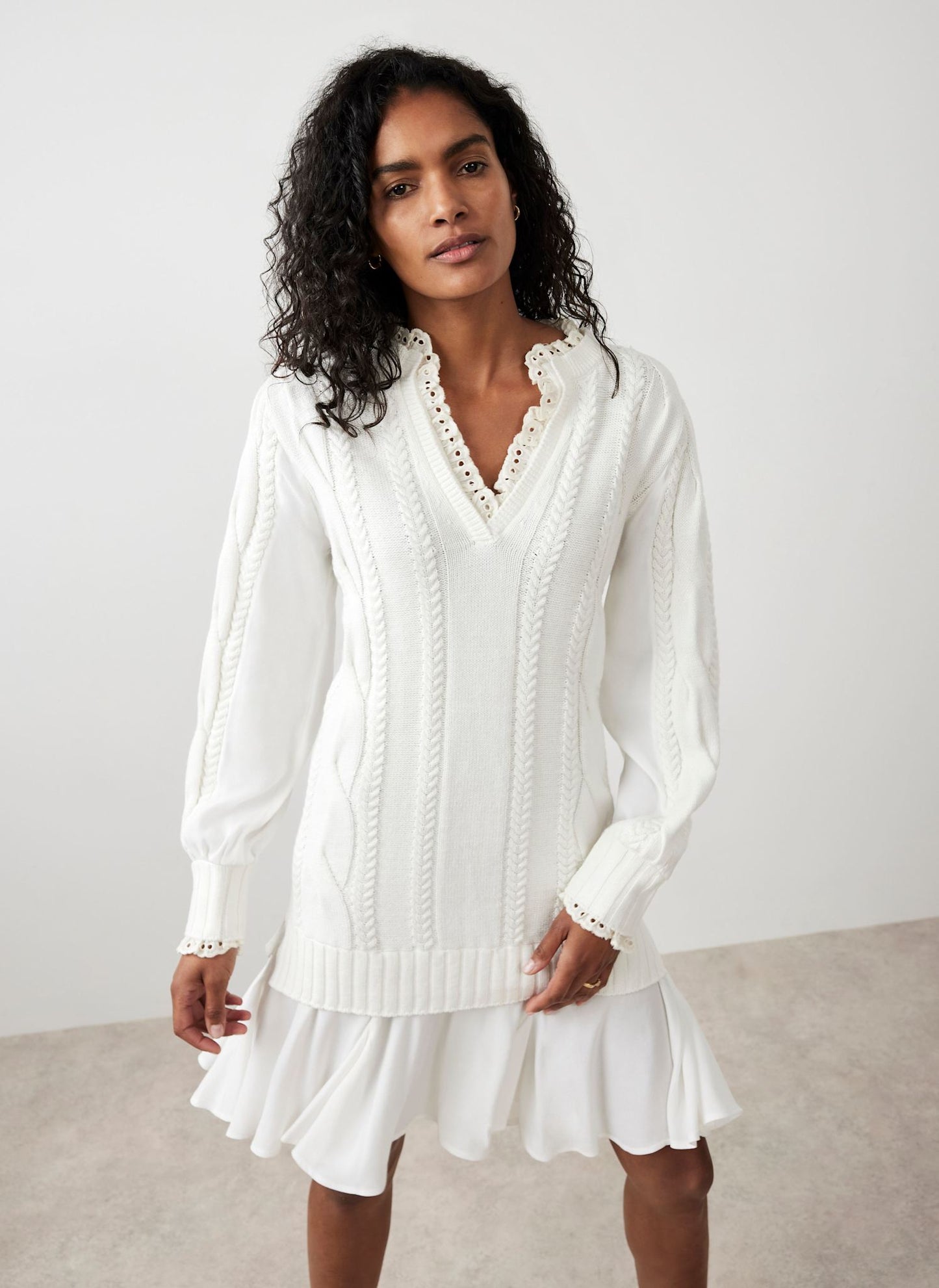 White Cable Knit Gathered Hem Mini Dress