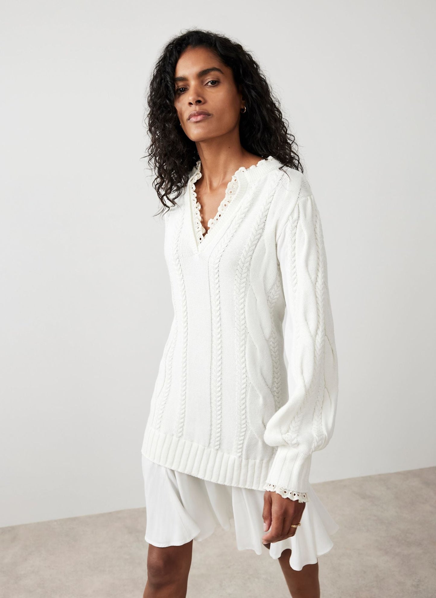 White Cable Knit Gathered Hem Mini Dress