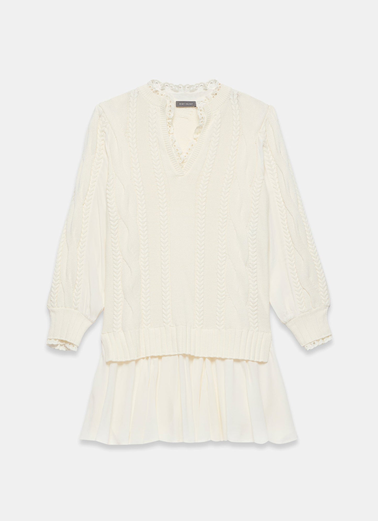 White Cable Knit Gathered Hem Mini Dress