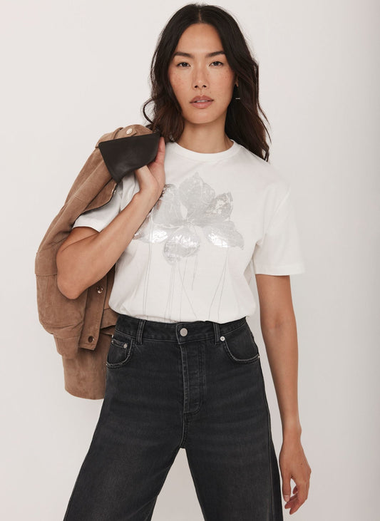 White Metallic Flower Graphic T-Shirt