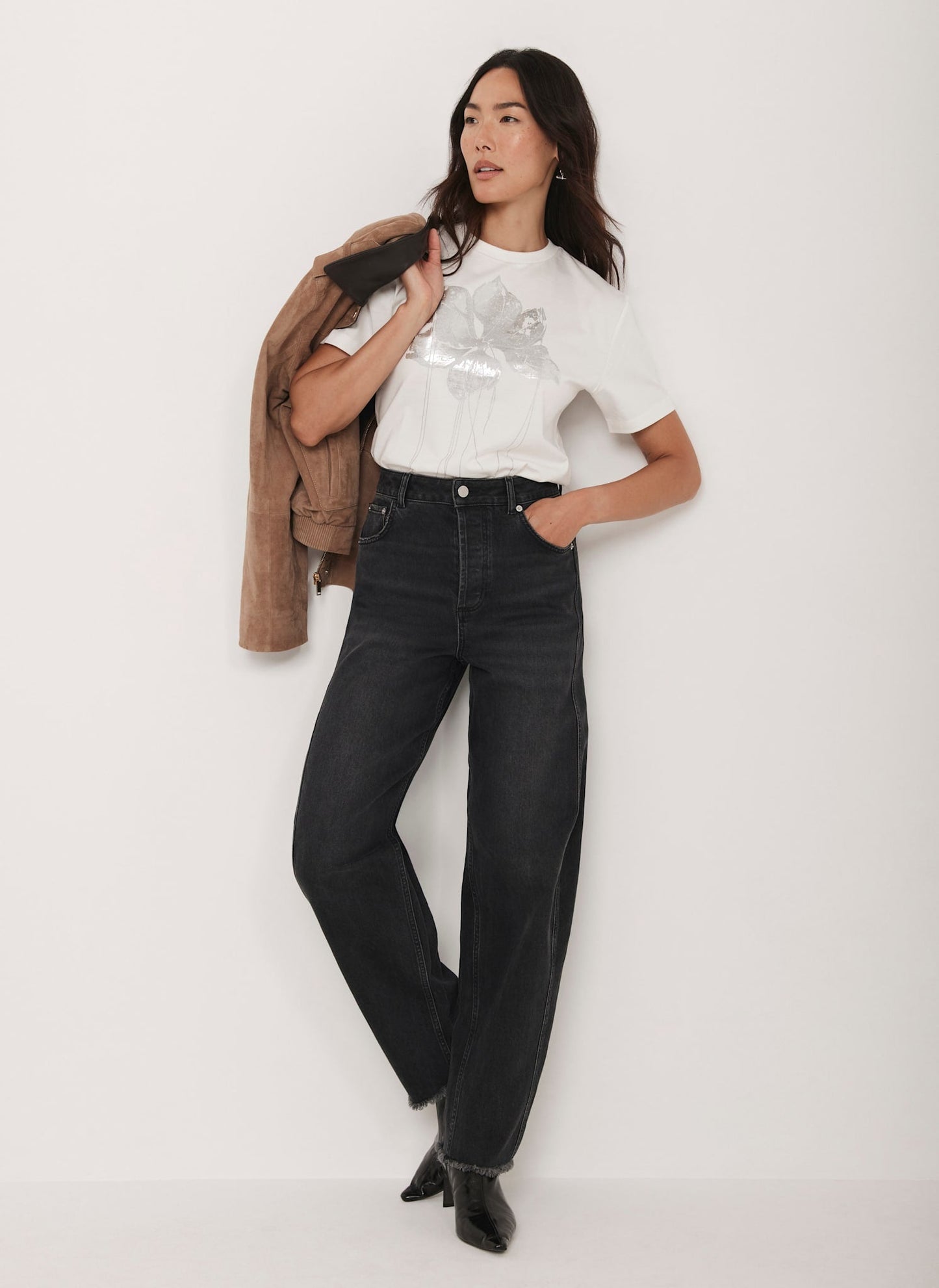 White Metallic Flower Graphic T-Shirt
