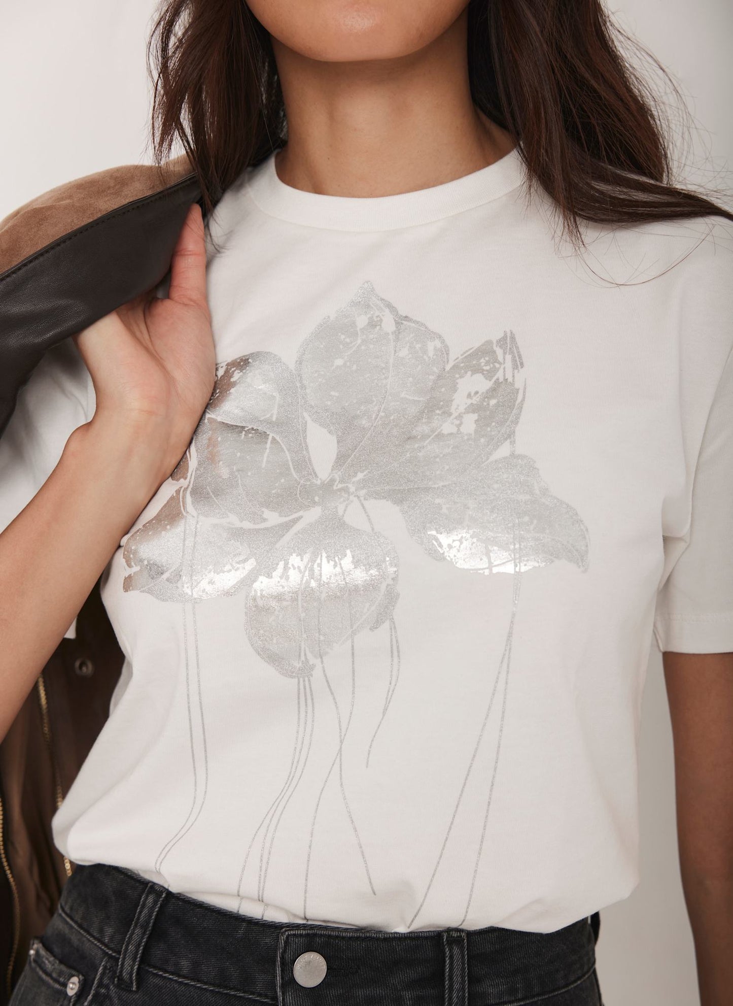 White Metallic Flower Graphic T-Shirt