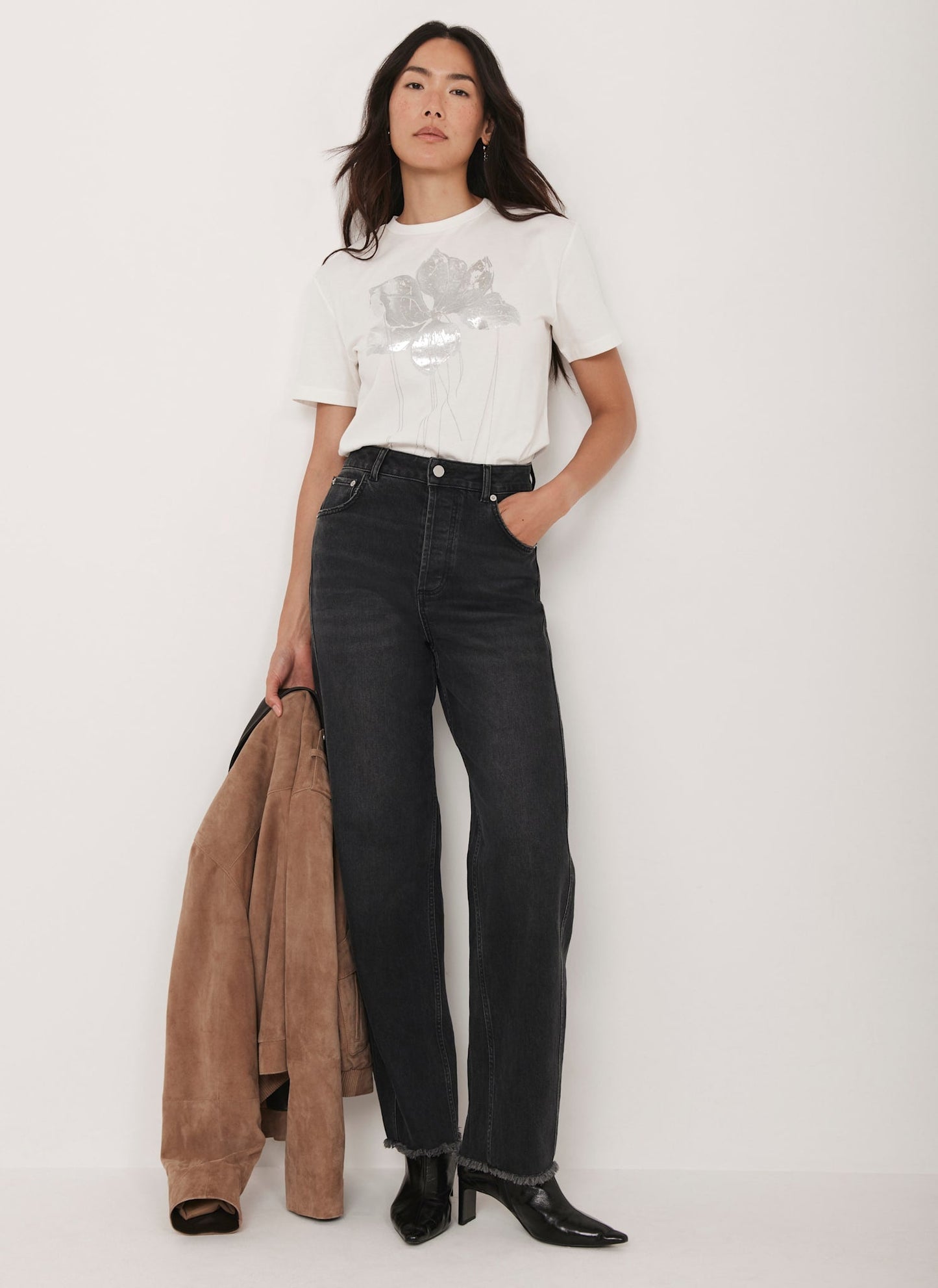 White Metallic Flower Graphic T-Shirt