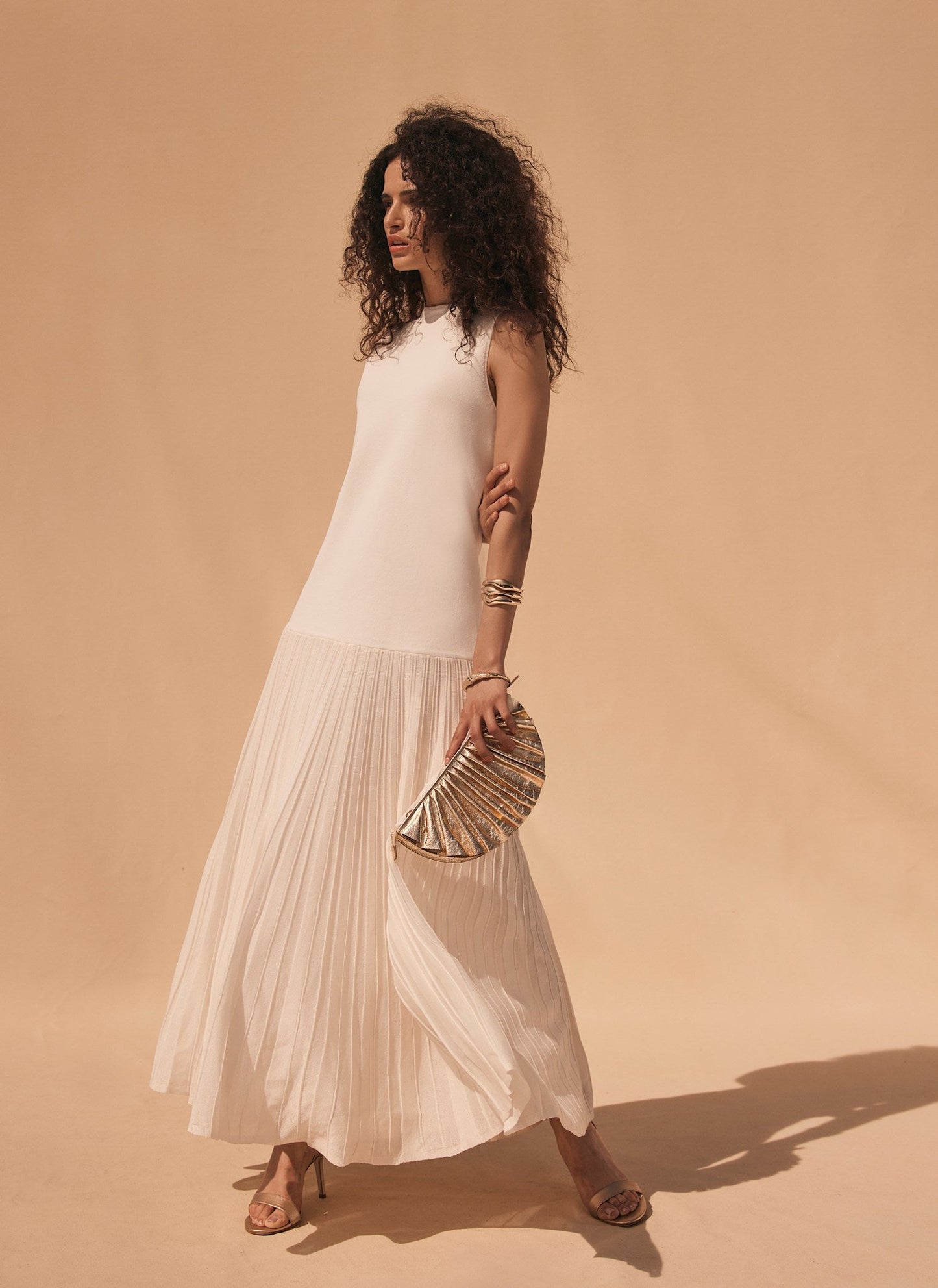 Cream Pleated Knit Maxi Dress