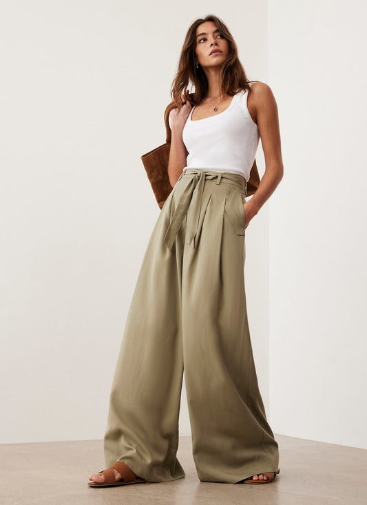 Khaki Belted Wide Leg Trousers