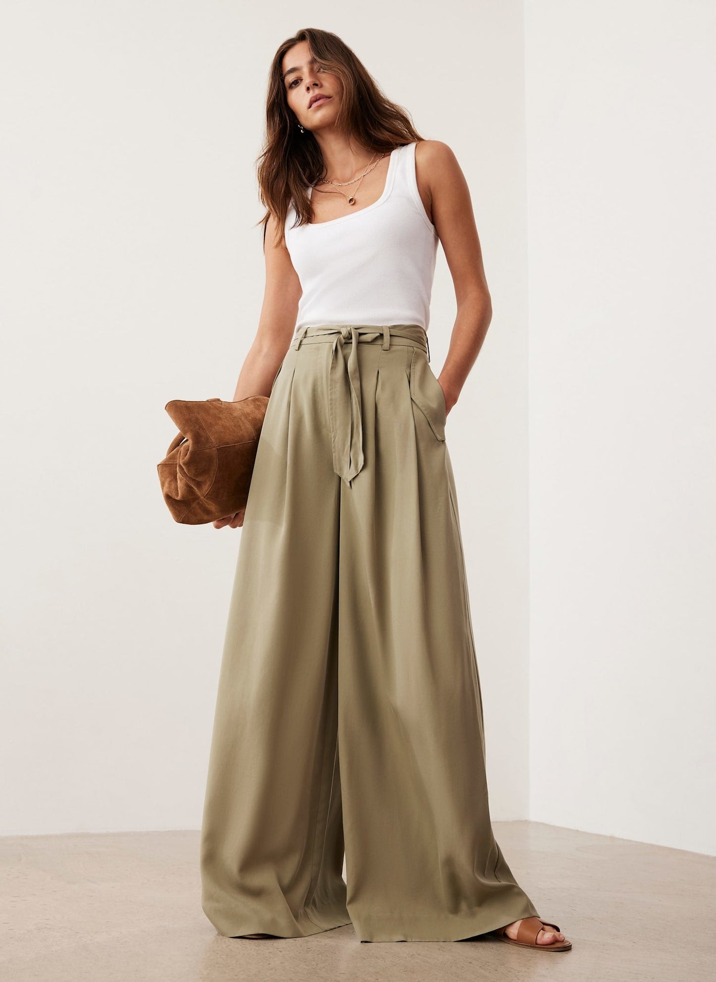 Khaki Belted Wide Leg Trousers