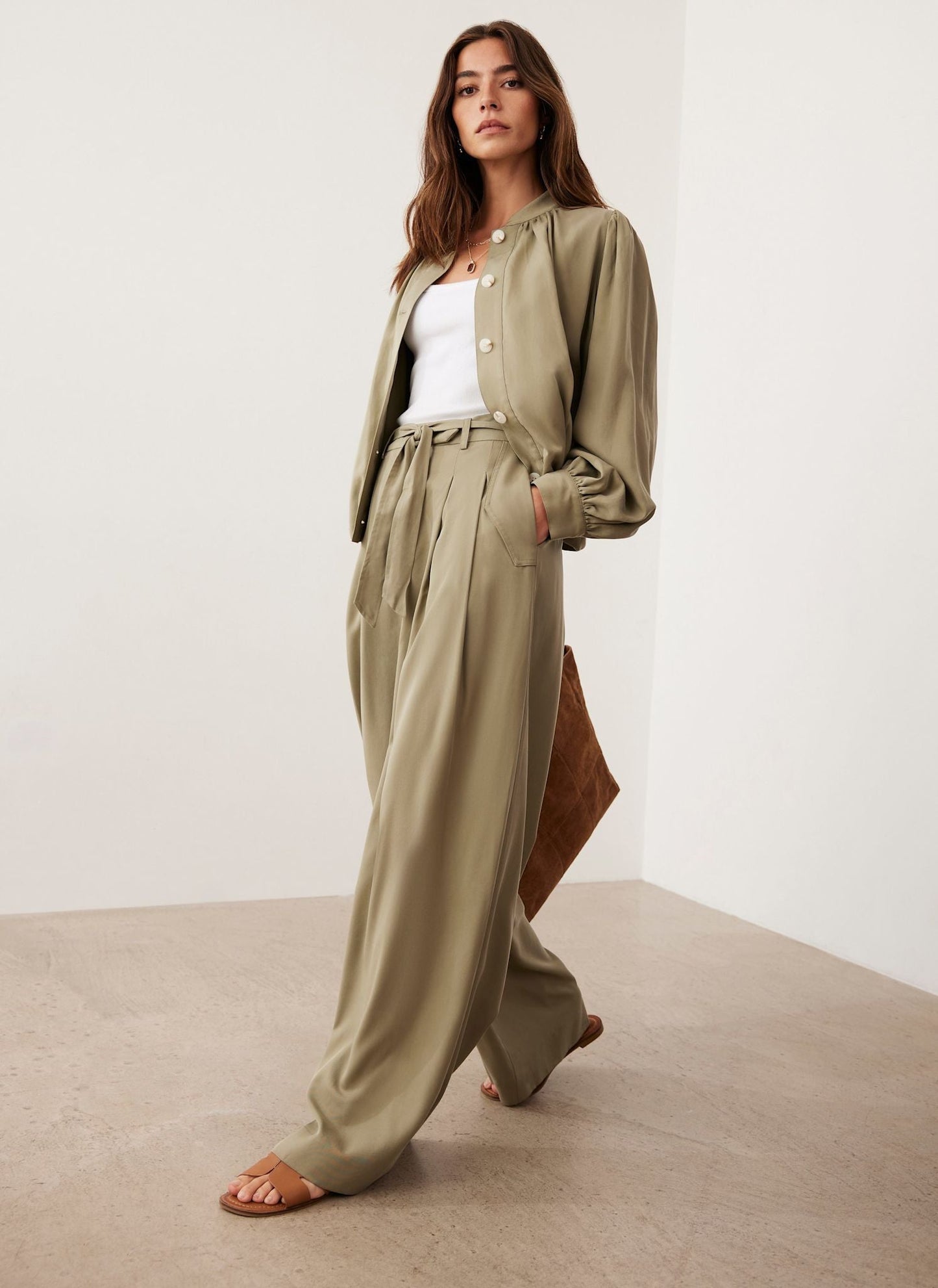 Khaki Belted Wide Leg Trousers