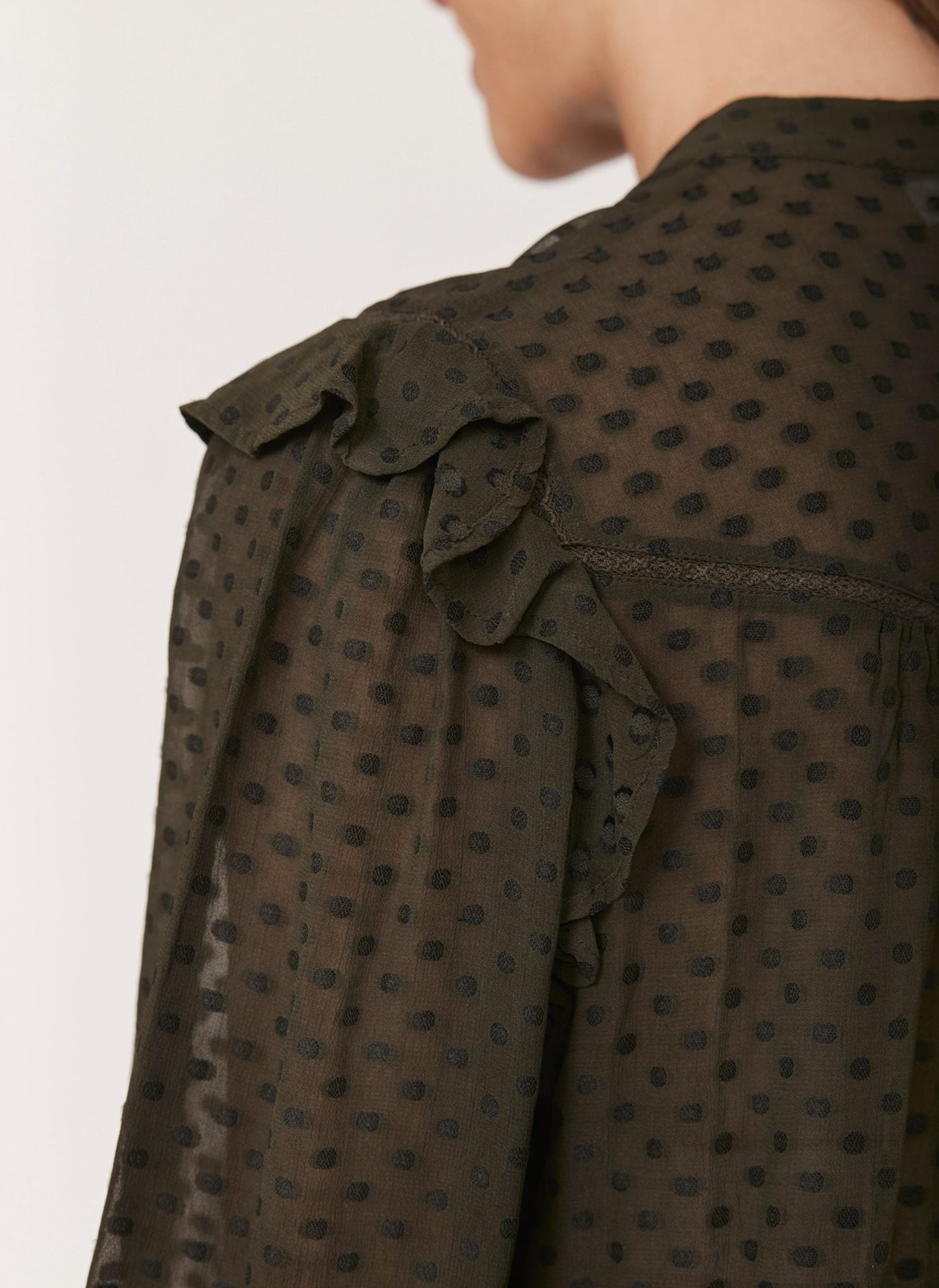 Khaki Jacquard Ruffle Detail Blouse
