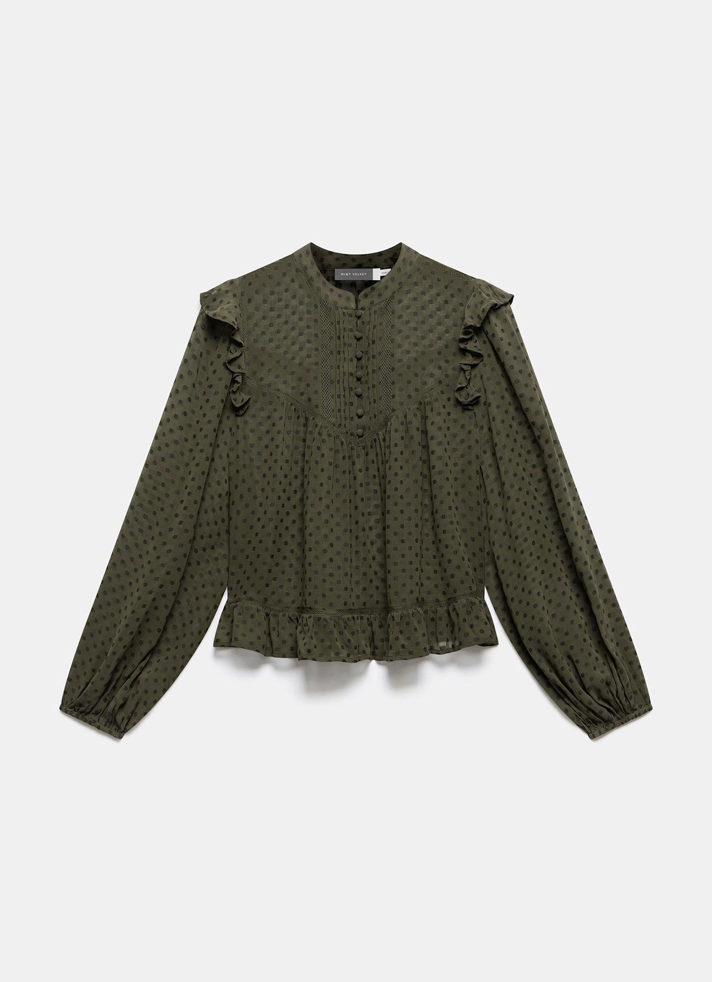Khaki Jacquard Ruffle Detail Blouse
