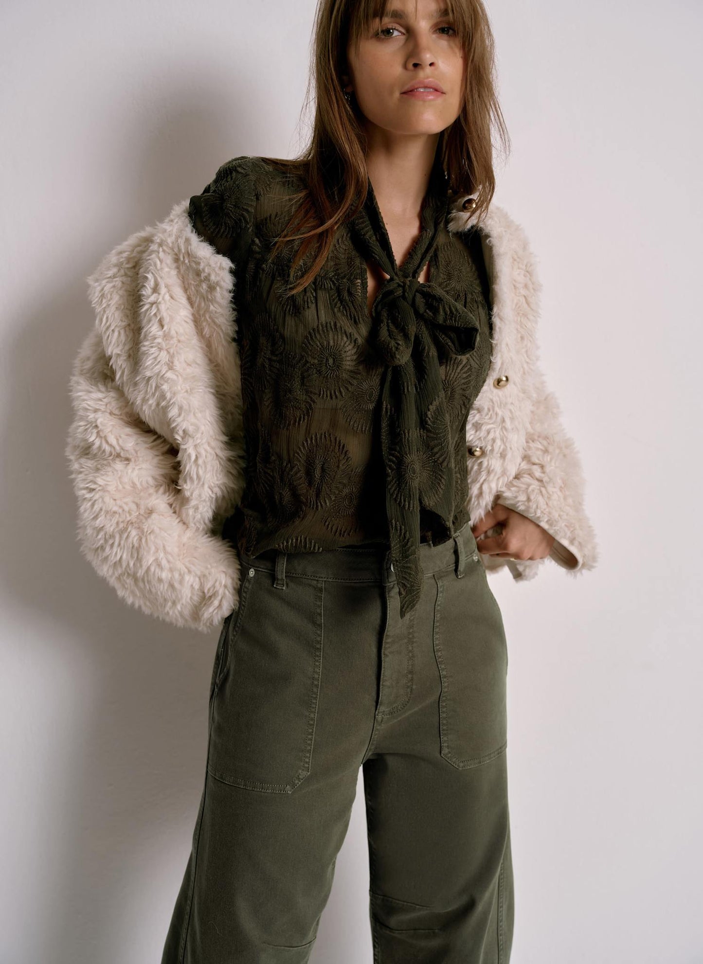 Khaki Floral Tie Neck Blouse