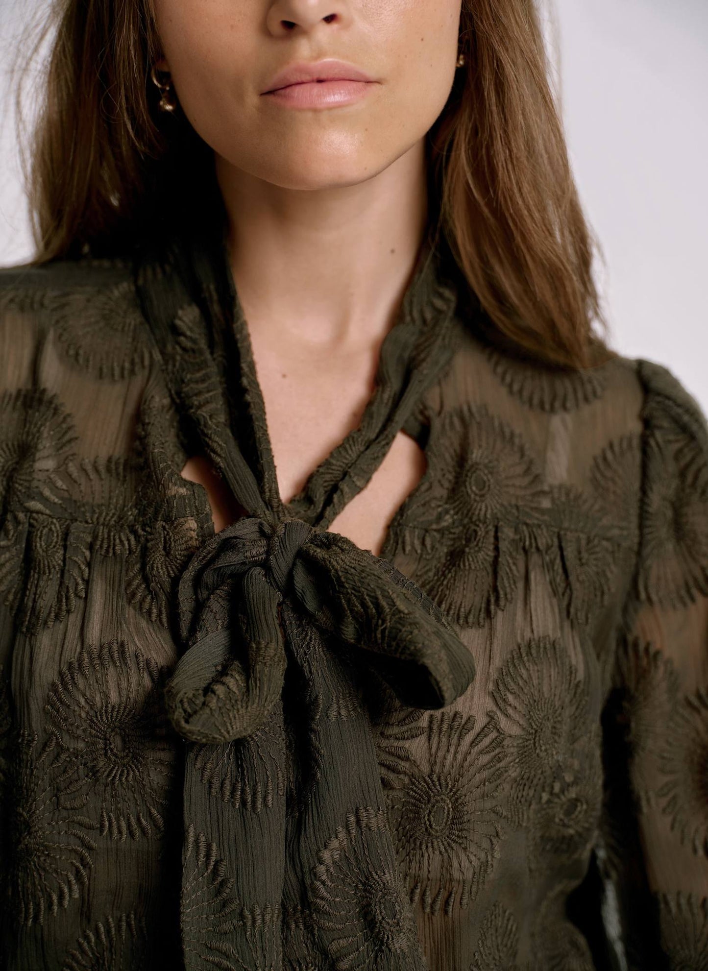 Khaki Floral Tie Neck Blouse