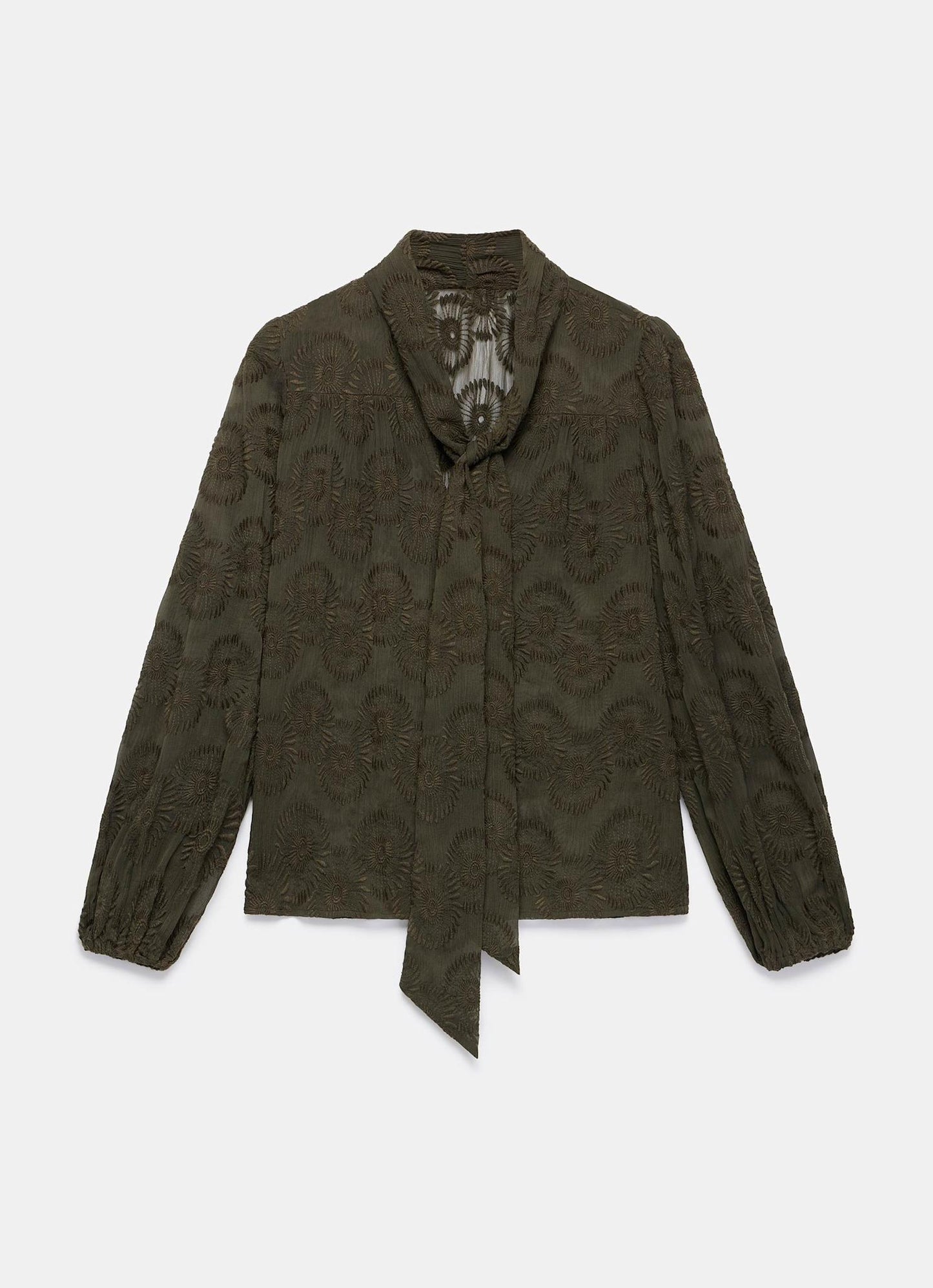 Khaki Floral Tie Neck Blouse