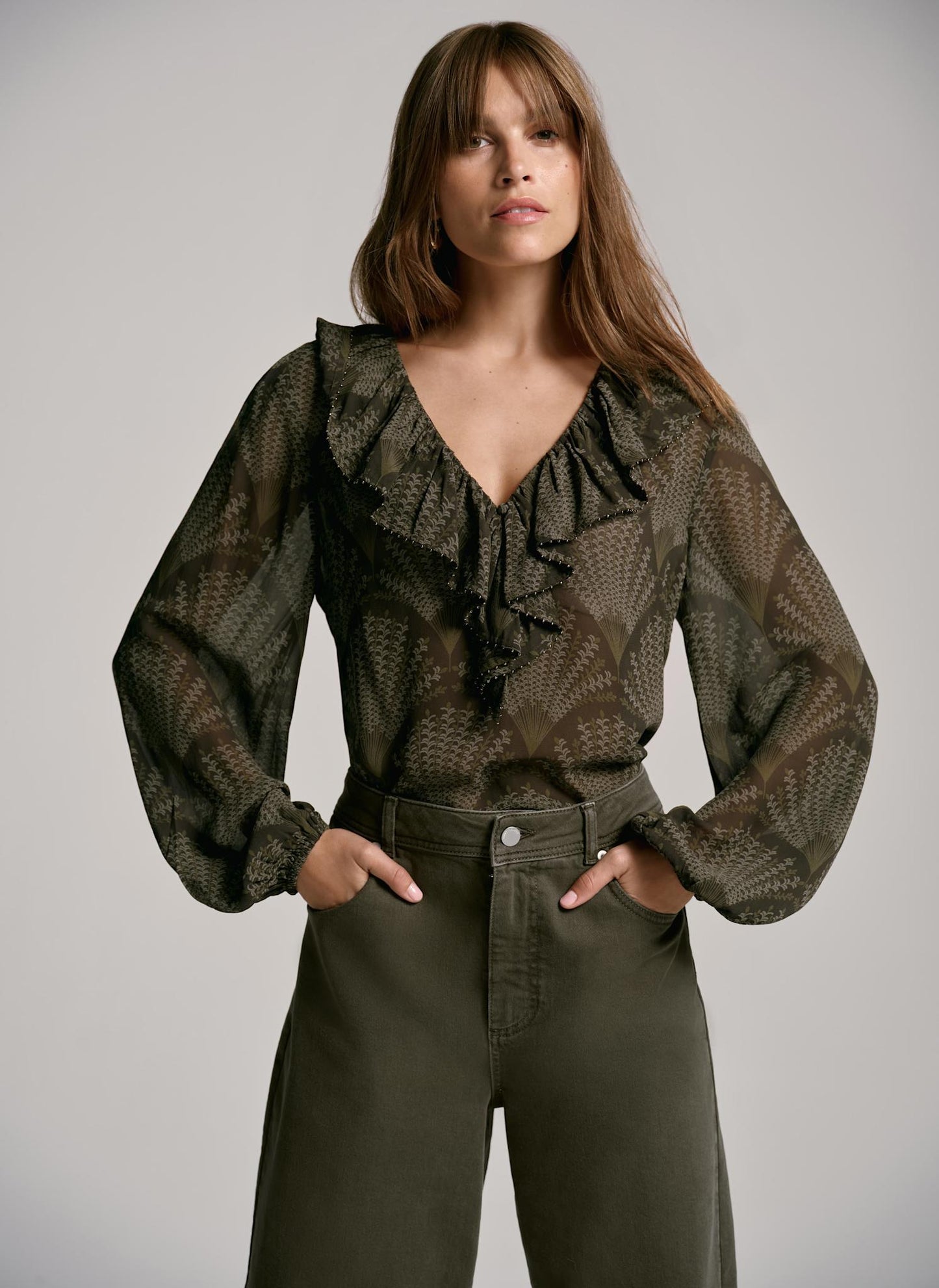 Khaki Printed Long Sleeve Blouse