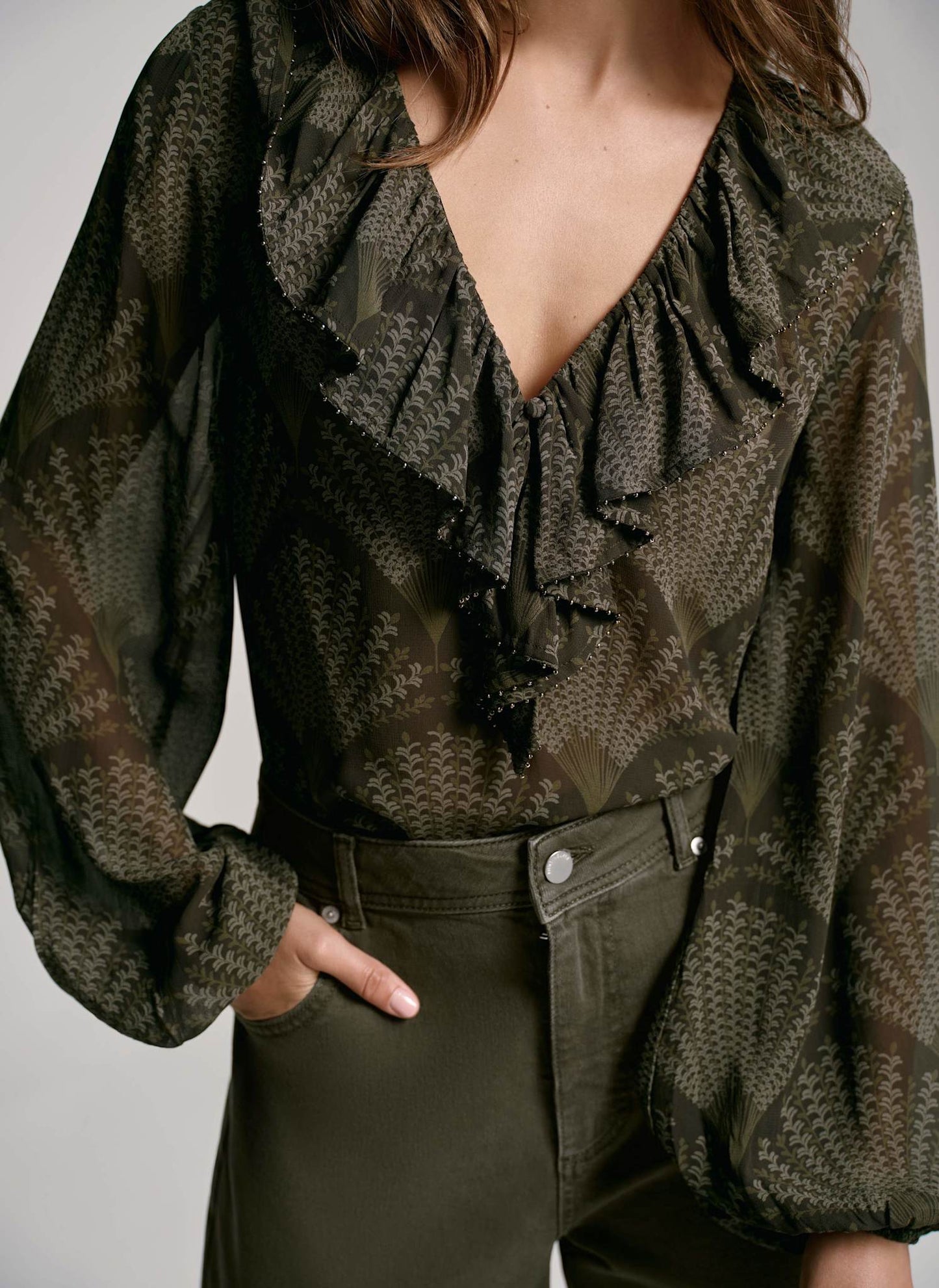 Khaki Printed Long Sleeve Blouse