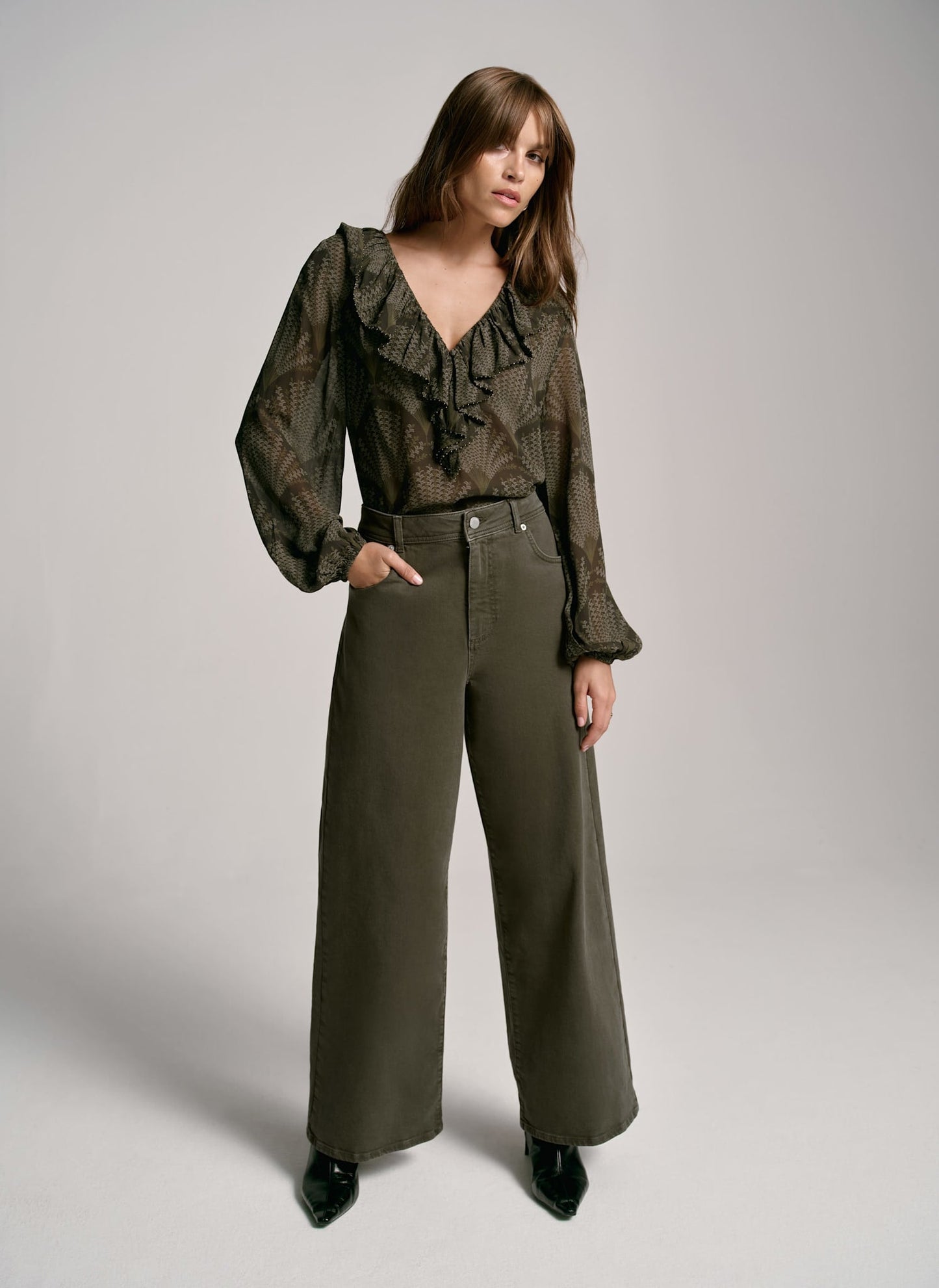 Khaki Printed Long Sleeve Blouse
