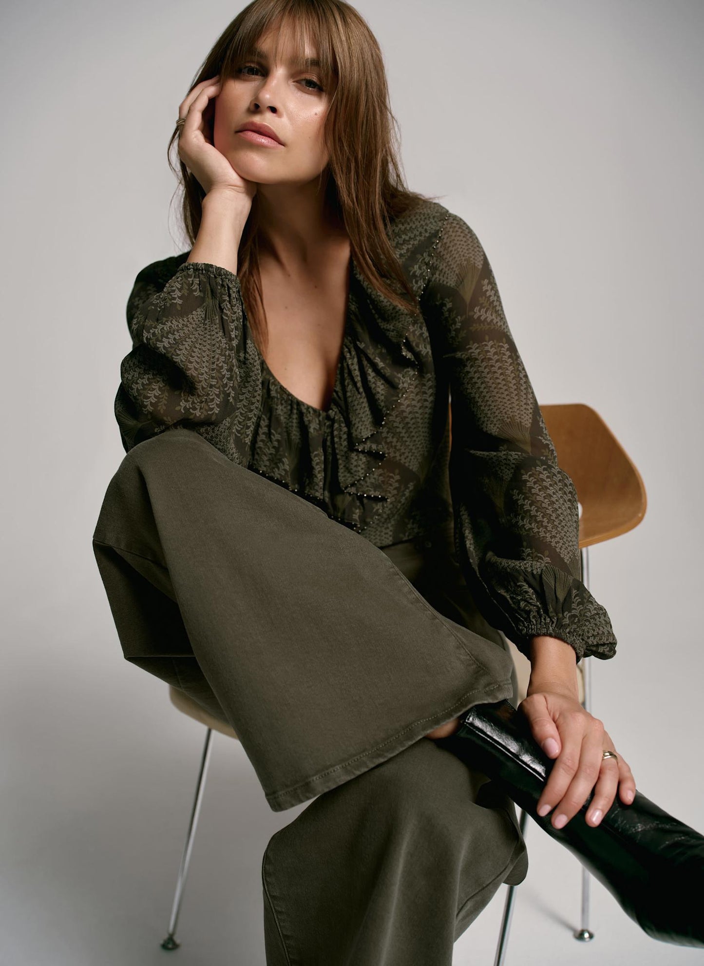 Khaki Printed Long Sleeve Blouse