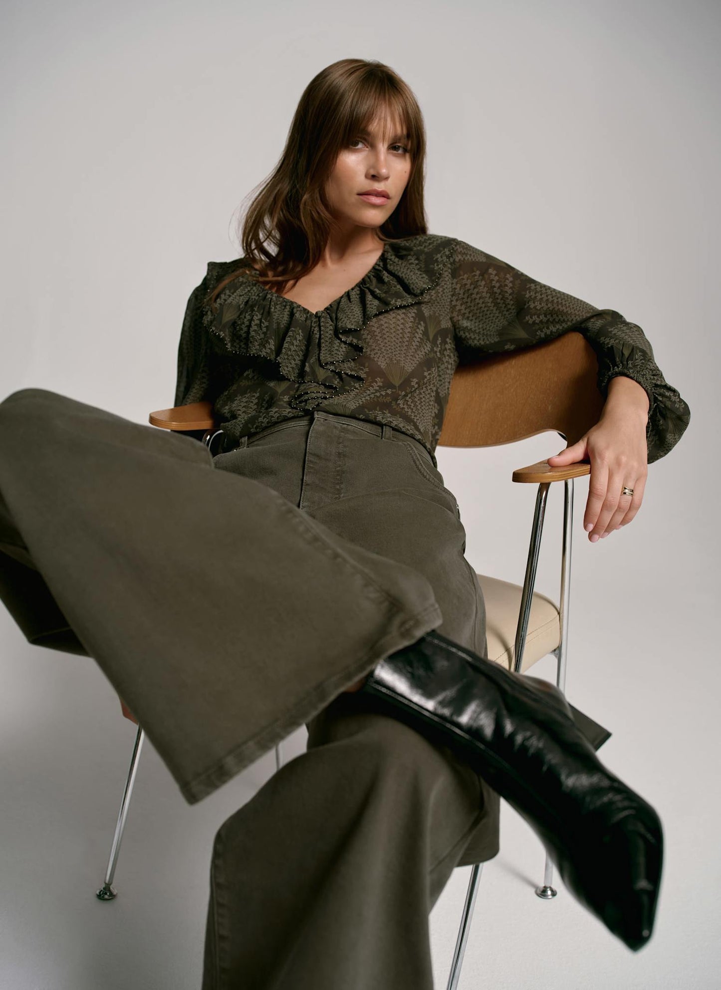 Khaki Printed Long Sleeve Blouse
