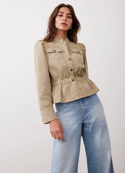 Khaki Puff Sleeve Peplum Jacket