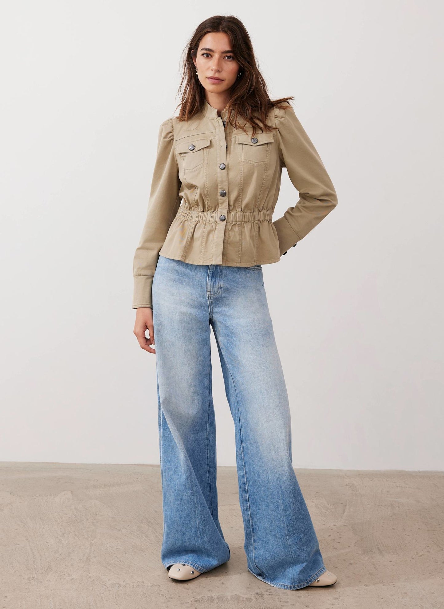 Khaki Puff Sleeve Peplum Jacket