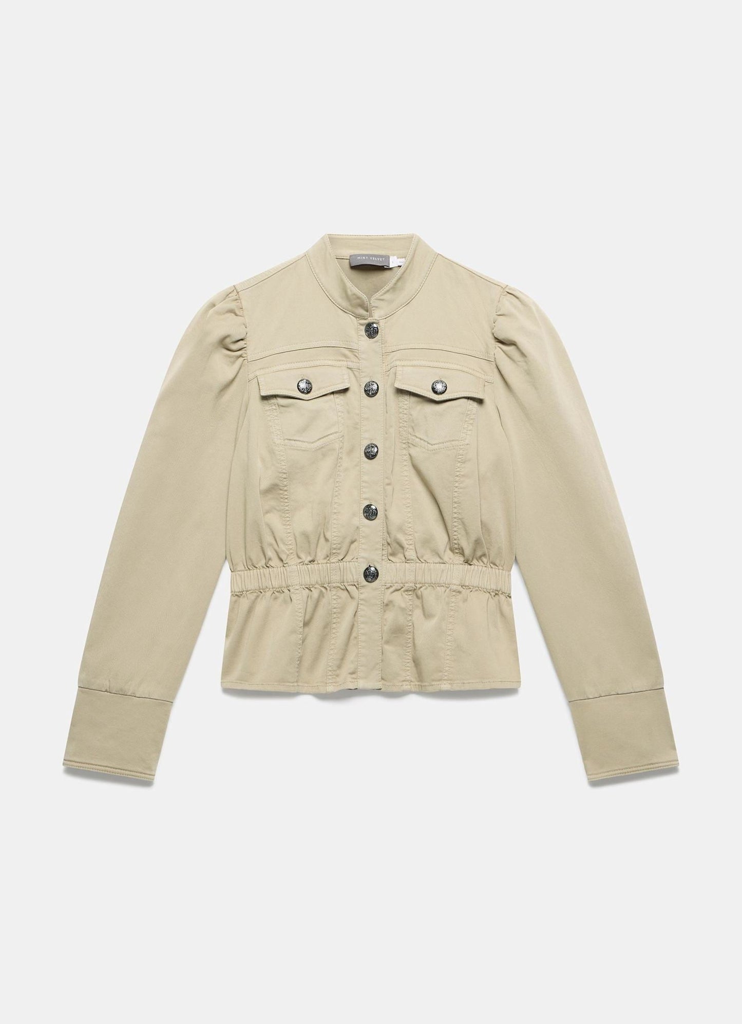 Khaki Puff Sleeve Peplum Jacket