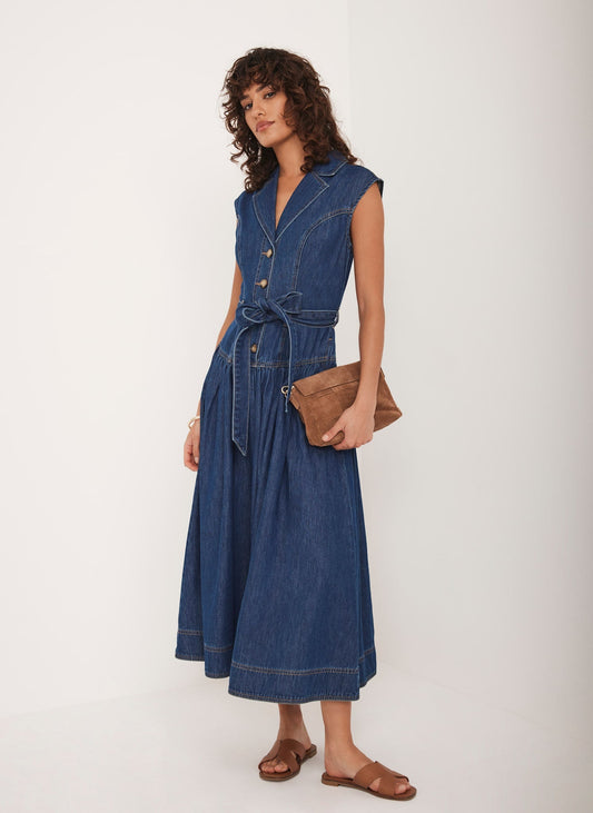 Dark Indigo Drop Waist Collared Denim Dress
