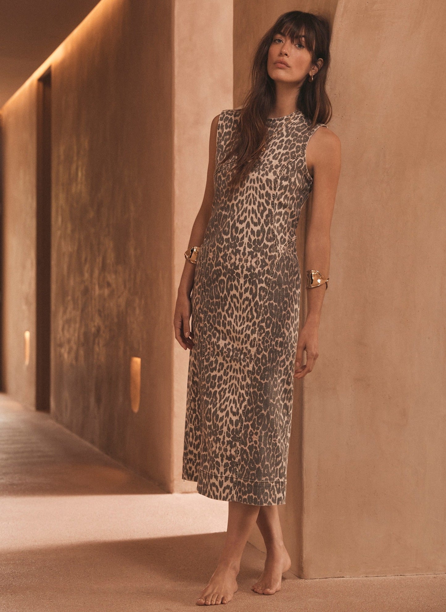 Leopard Print Denim Column Dress