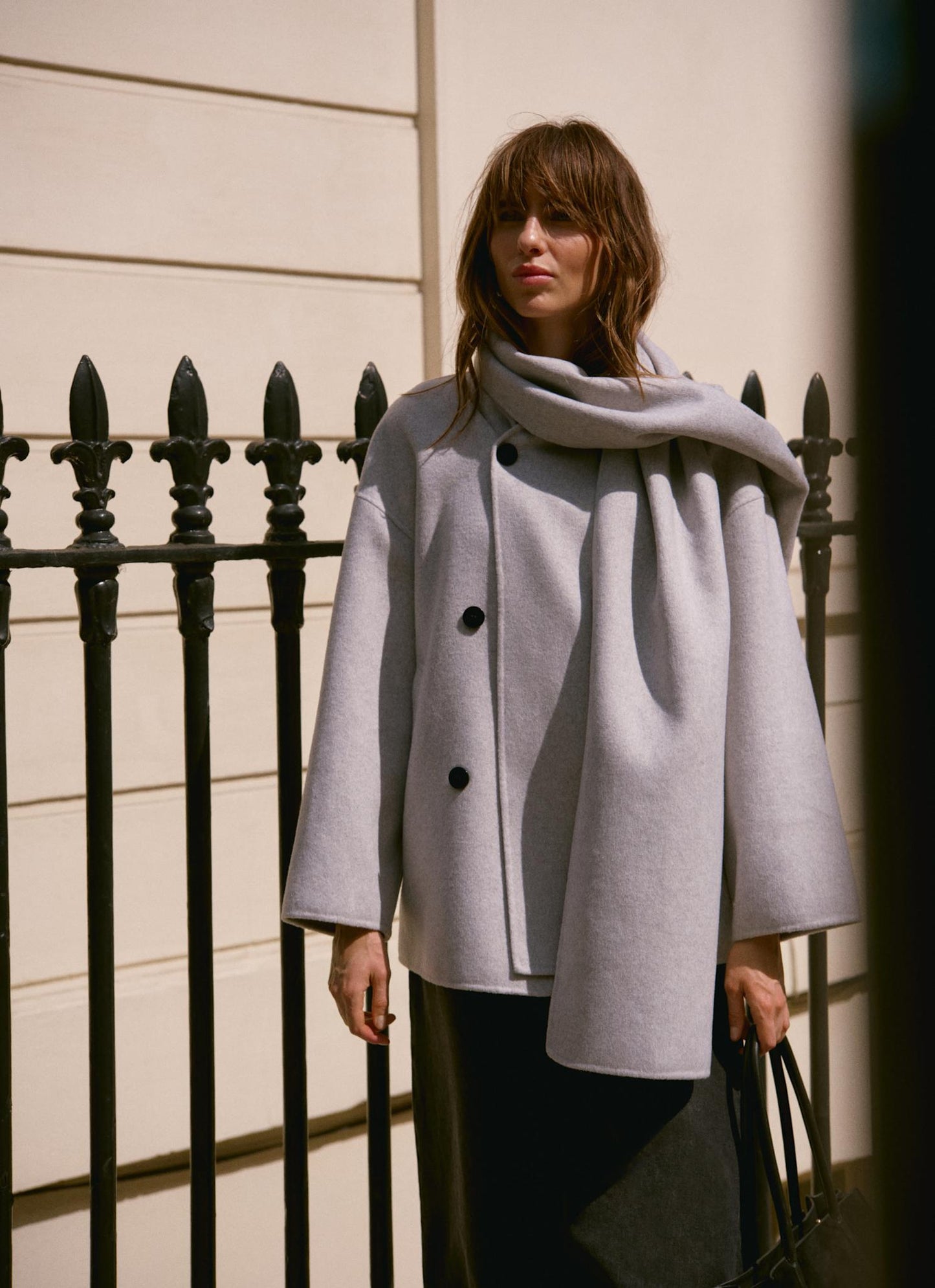 Light Grey Wool Blend Hand Finished Scarf Detail Coat