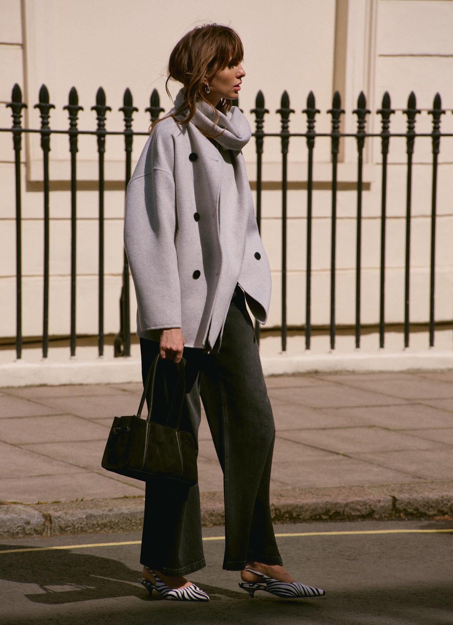 Light Grey Wool Blend Hand Finished Scarf Detail Coat