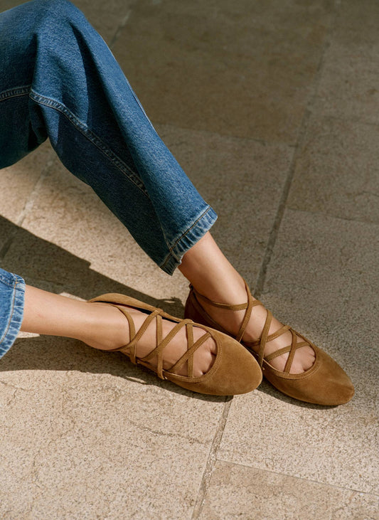 Lyra Neutral Suede Lace Up Ballet Pumps
