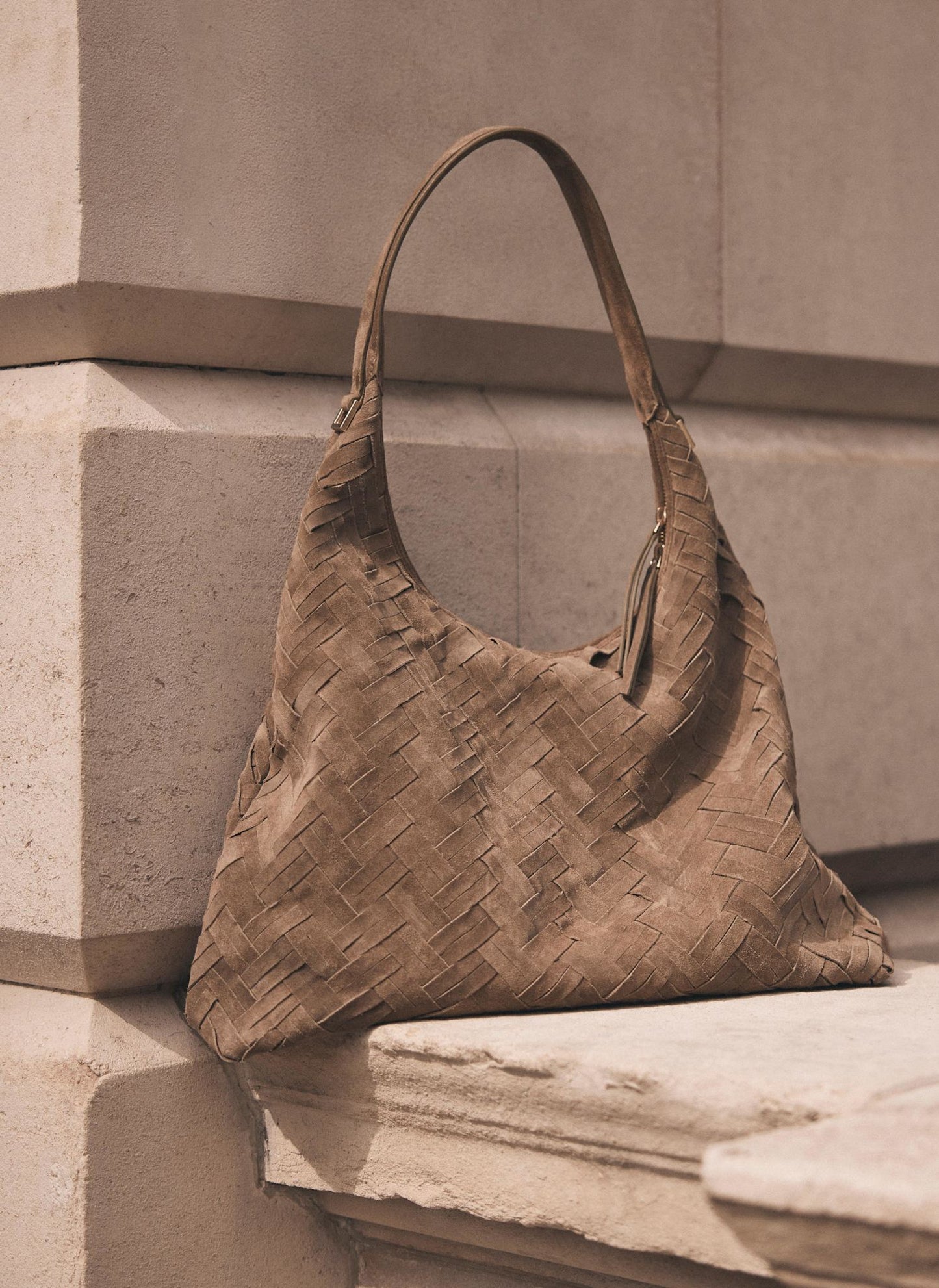 May Neutral Woven Suede Shoulder Bag