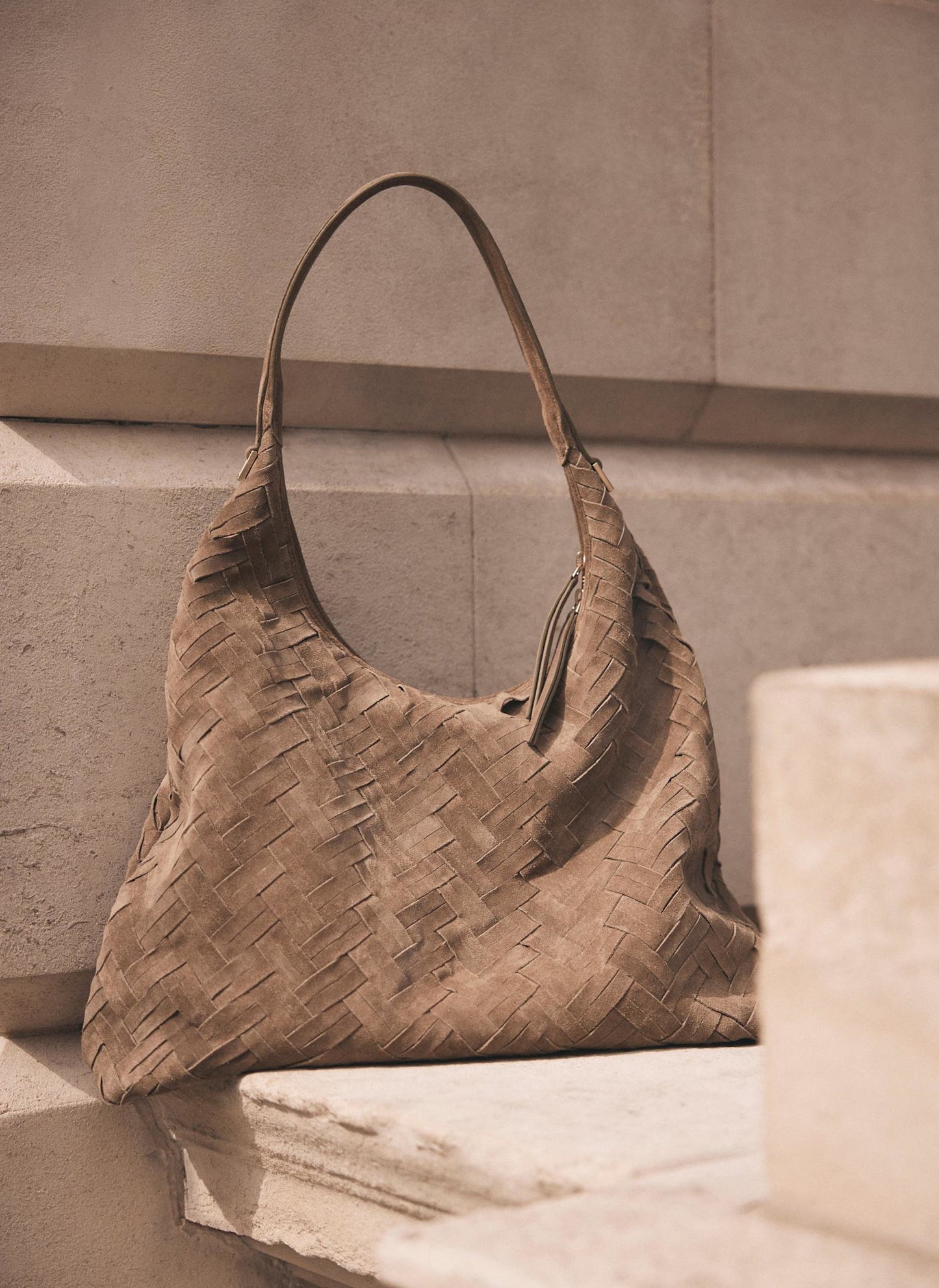 May Neutral Woven Suede Shoulder Bag