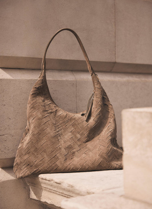 May Neutral Woven Suede Shoulder Bag