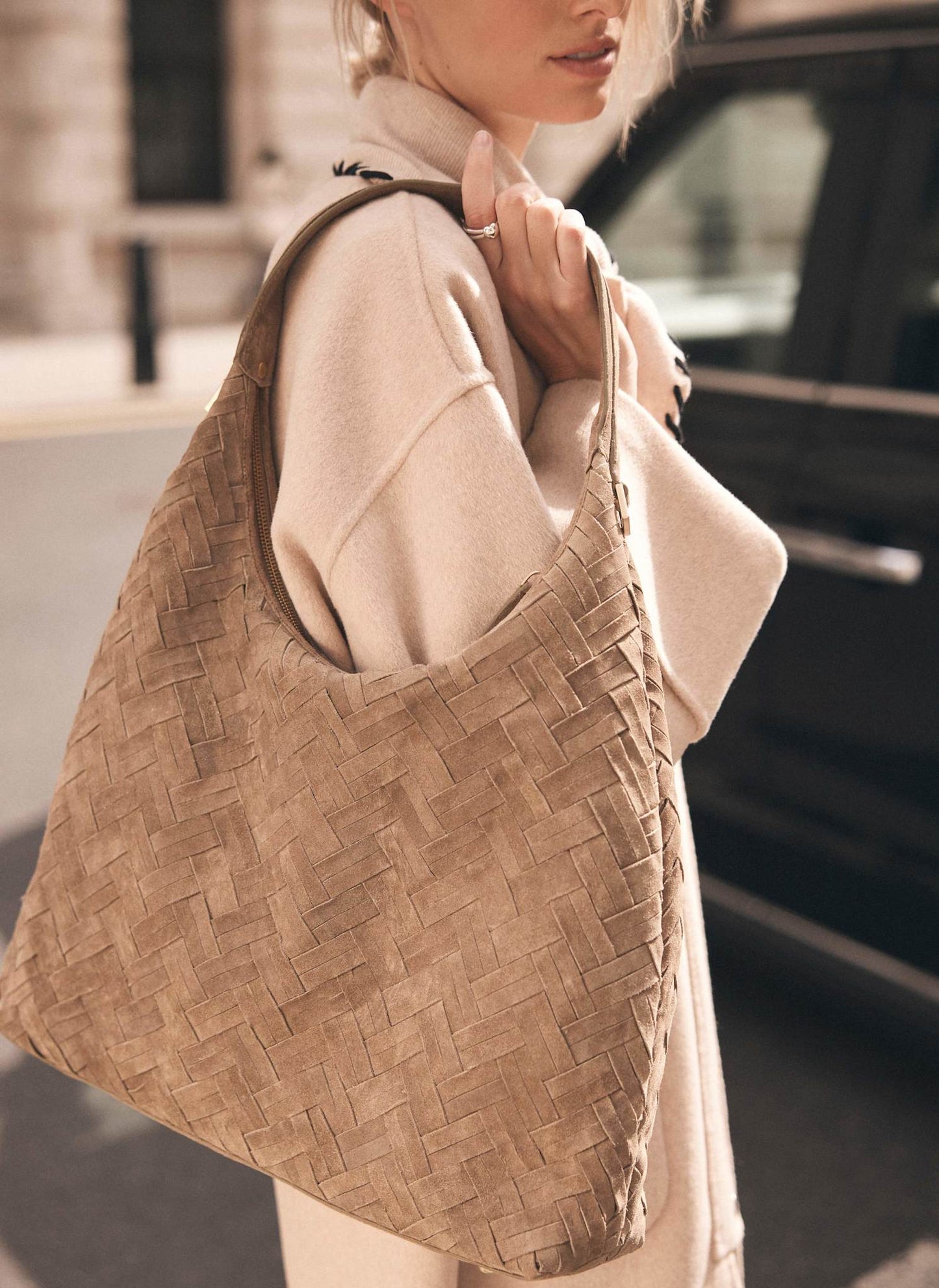 May Neutral Woven Suede Shoulder Bag